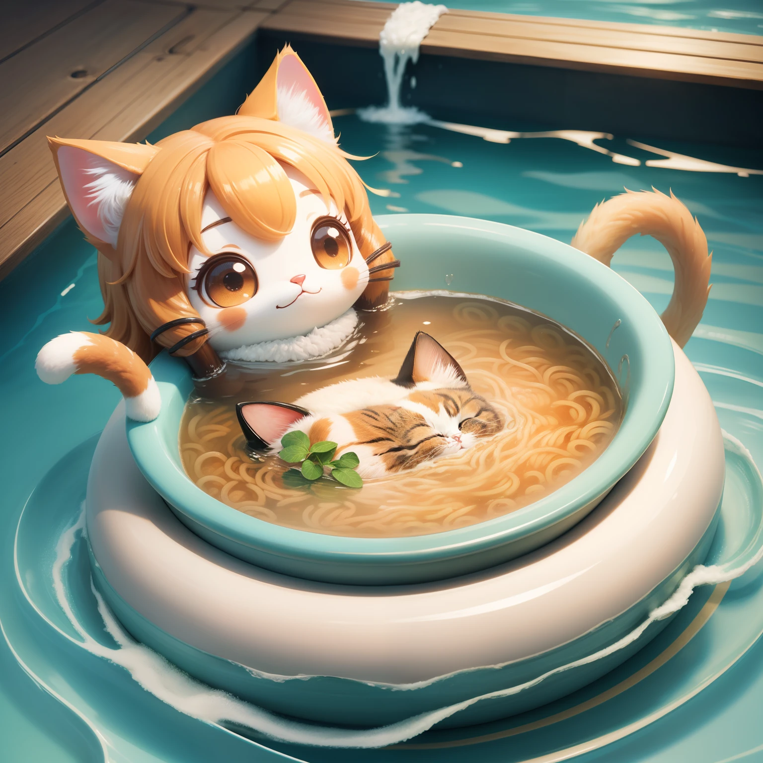 Chibi cat swimming in the ramen pool