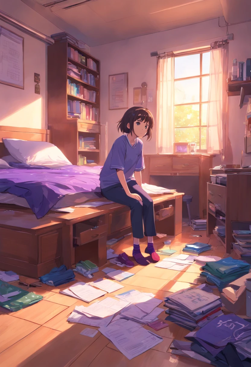 There was no one in the chaotic bedroom,There are mismatched socks under the bed,There are purple pants on the floor,The desk drawer was filled with test papers and books,The room was full of dirty laundry