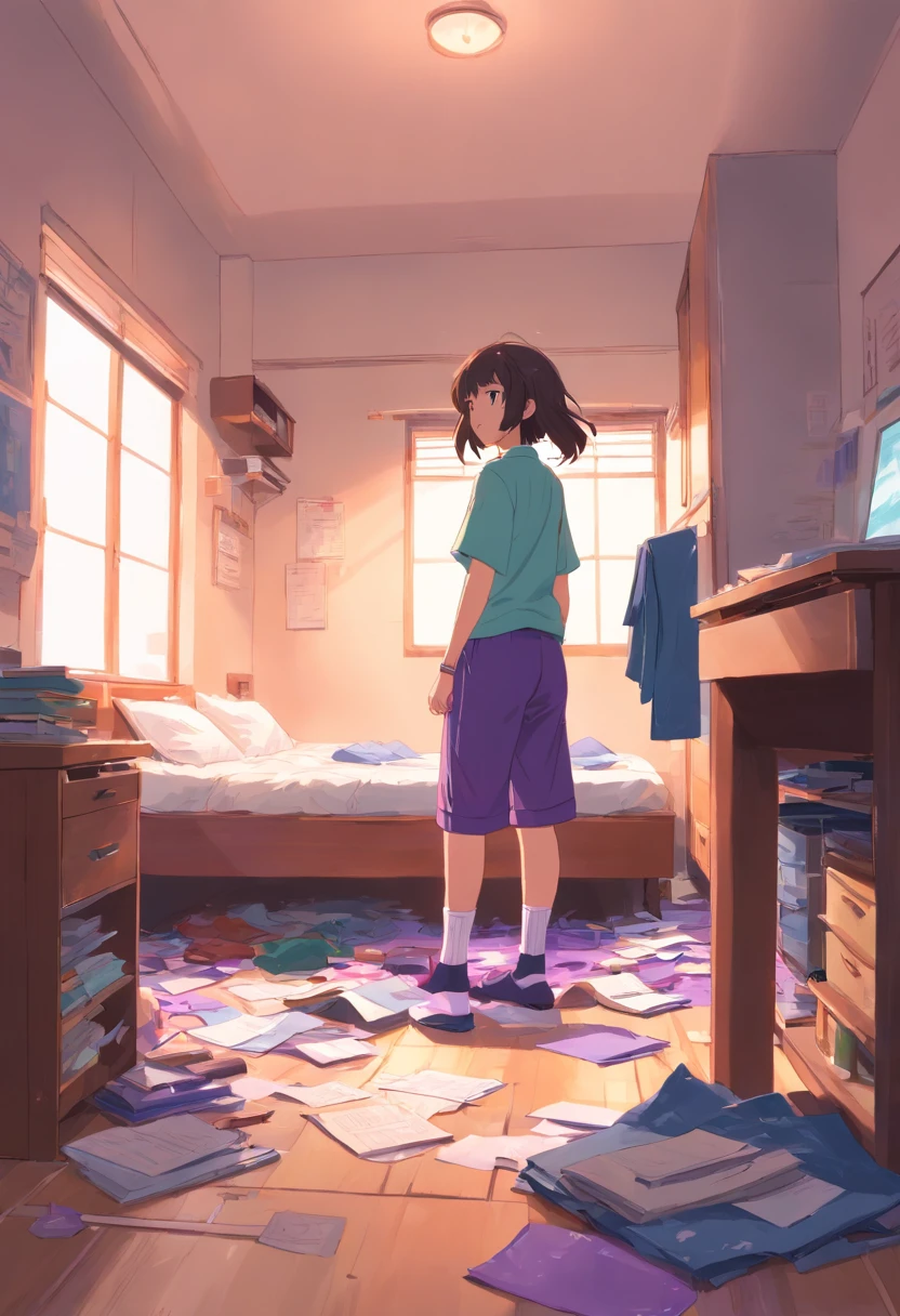 There was no one in the chaotic bedroom,There are mismatched socks under the bed,There are purple pants on the floor,The desk drawer was filled with test papers and books,The room was full of dirty laundry