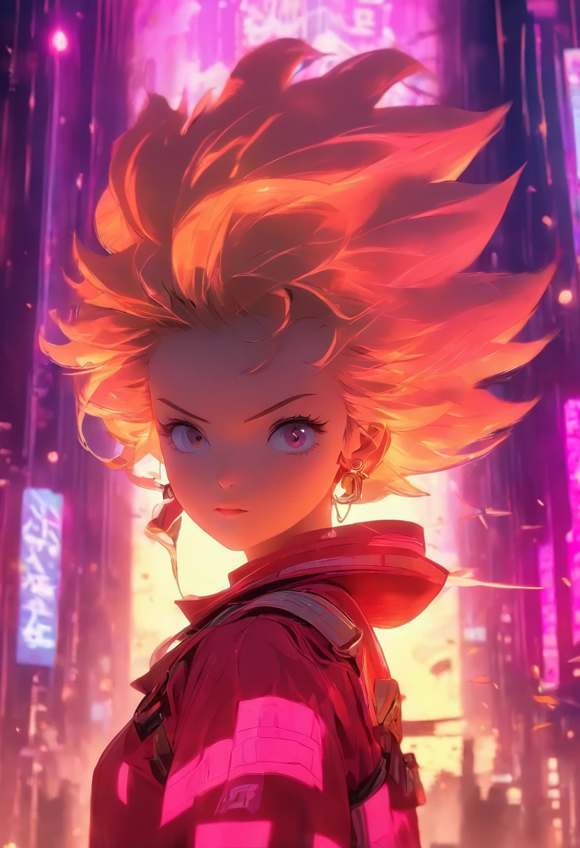 Works of masters,Higher quality,high detal,超高分辨率,8K分辨率,depth of fields,cyber punk perssonage,femele,solo person,ssmile,long whitr hair,Pink hair,curlies,ear studs,bangle,tee shirt,hoody,Firefighter jacket,Armored boots,Ride to the audience,springtime,setting sun,城市,Bus stop,Cinematic lighting