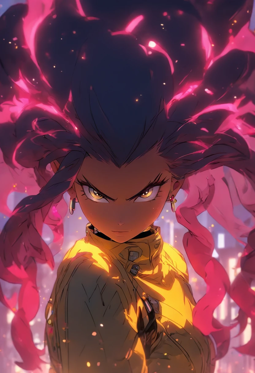 Works of masters,Higher quality,high detal,超高分辨率,8K分辨率,depth of fields,cyber punk perssonage,femele,solo person,ssmile,long whitr hair,Pink hair,curlies,ear studs,bangle,tee shirt,hoody,Firefighter jacket,Armored boots,Ride to the audience,springtime,setting sun,城市,Bus stop,Cinematic lighting