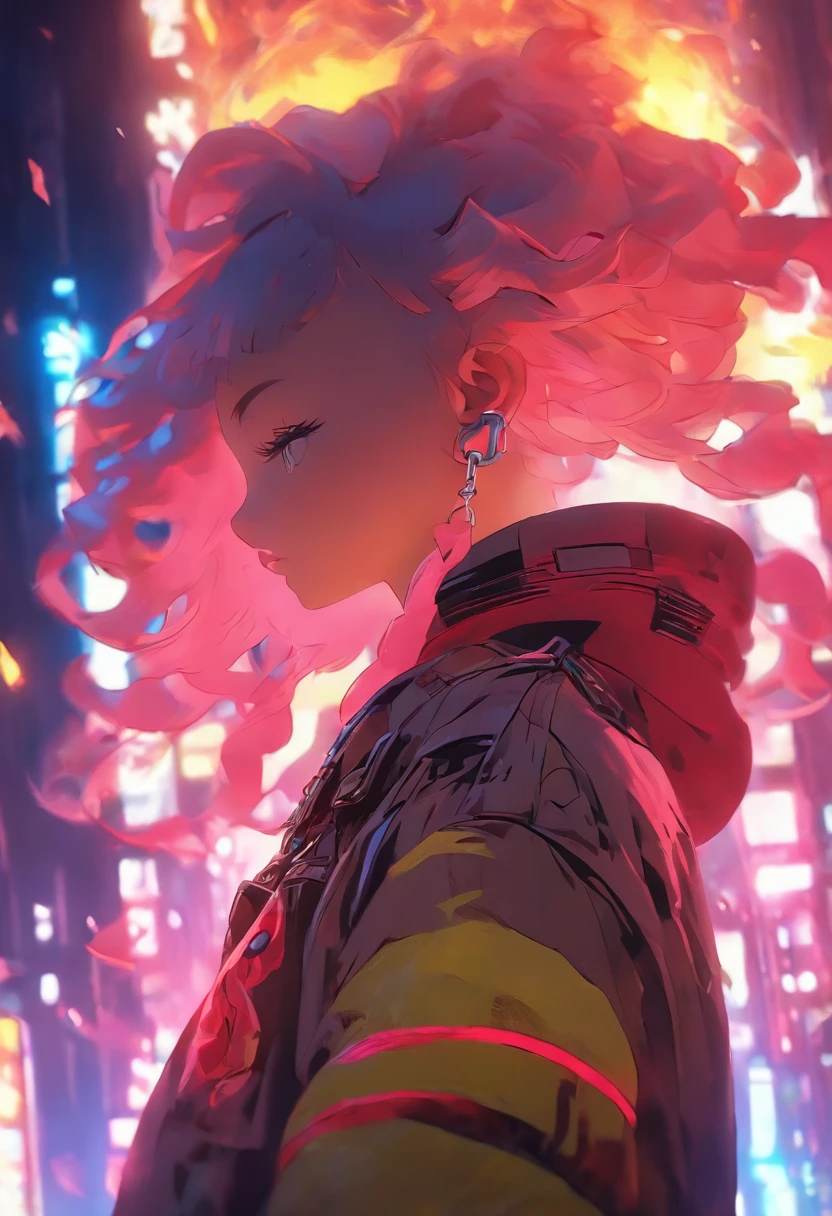 Works of masters,Higher quality,high detal,超高分辨率,8K分辨率,depth of fields,cyber punk perssonage,femele,solo person,ssmile,long whitr hair,Pink hair,curlies,ear studs,bangle,tee shirt,hoody,Firefighter jacket,Armored boots,Ride to the audience,springtime,setting sun,城市,Bus stop,Cinematic lighting