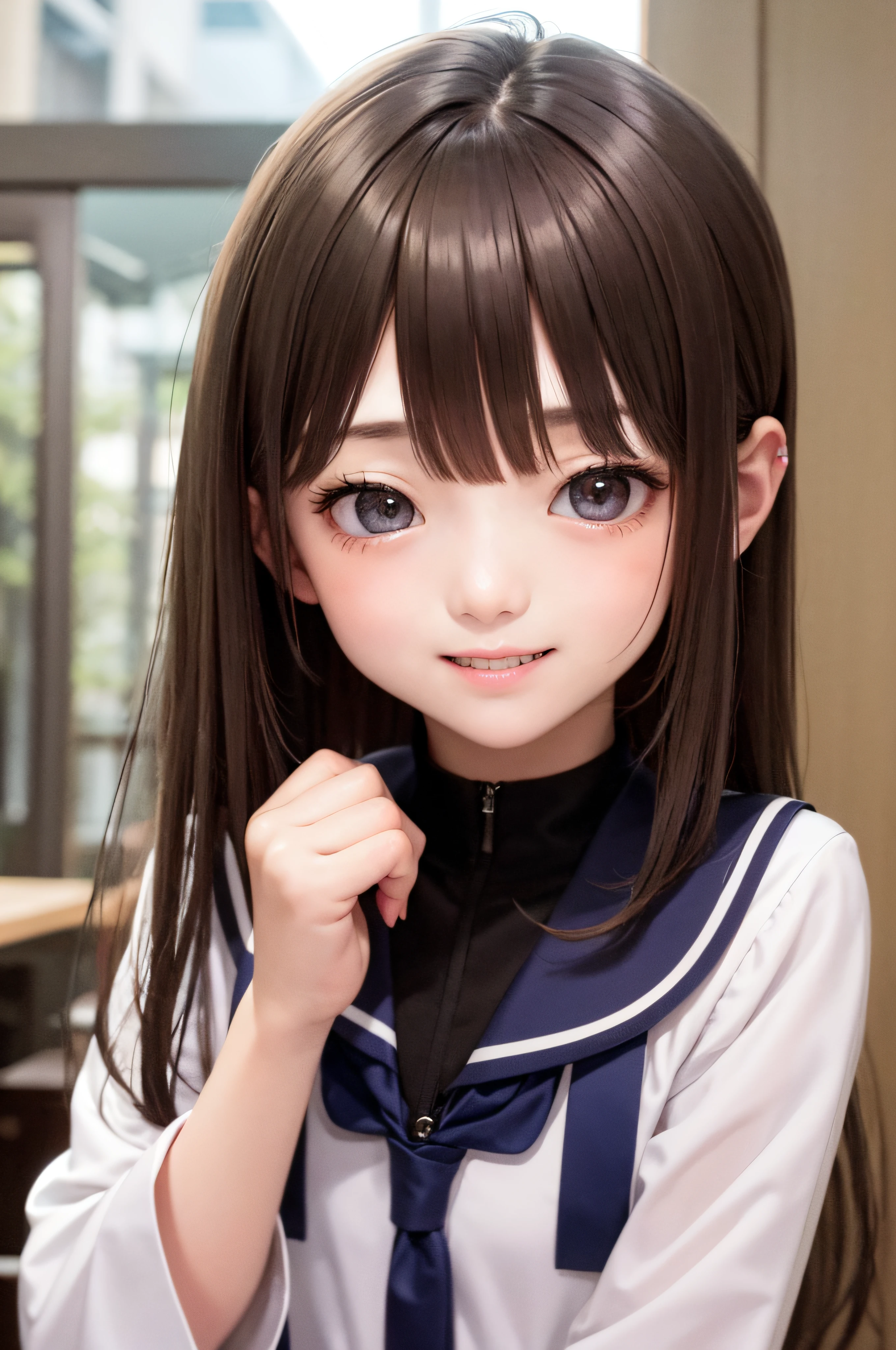 sixteen years old、brown haired、beautidful eyes、real looking skin、hi-school girl、a sailor suit、small tits、(8K、​masterpiece)、(reallistic、Photorealsitic)、top-quality、ighly detailed、The ultra-detailliert、Beautie、cute little、japanes、Idol、a smile、Close-up portrait、Healthy face