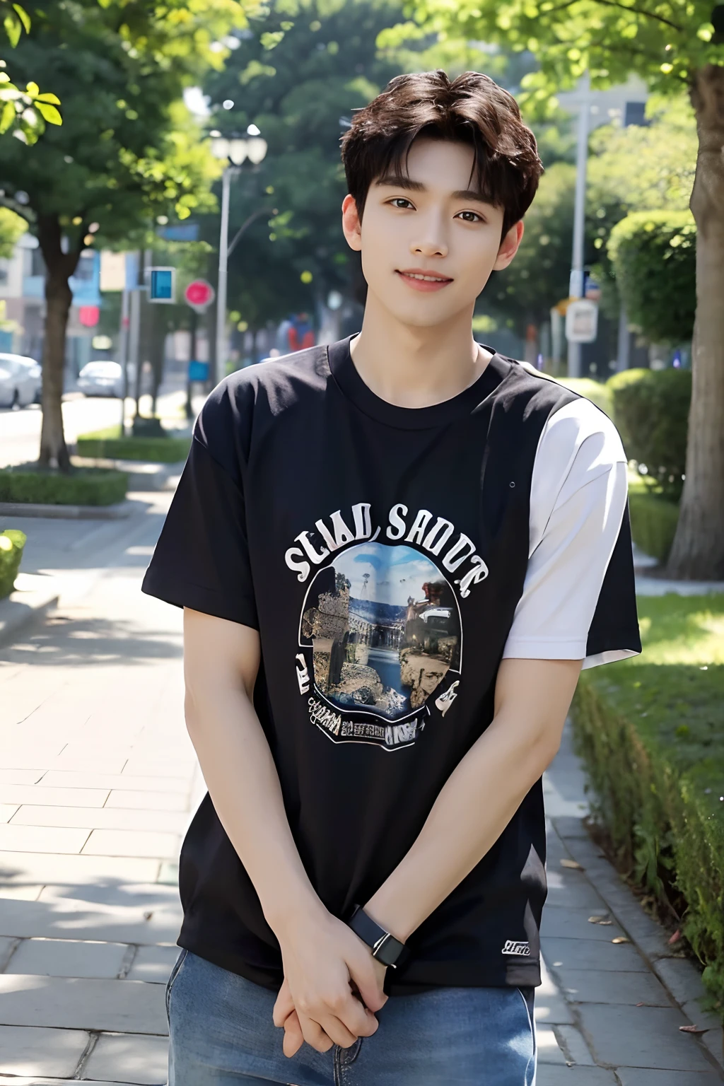 ((qualidade superior、obra prima、Fotografiarealista:1.4、em 8K))、Cool coreano 1Uma pessoa、25 anos、face bem formada、Olhos e rostos com detalhes、beautiful lighting、(Use camiseta azul:1.3)、(Homem andando na rua da cidade)、pele texturizada、Super Detalhe、alto detalhamento、alta qualidade、alta resolução、(olhando para os espectadores)、boca detalhada、um sorriso、