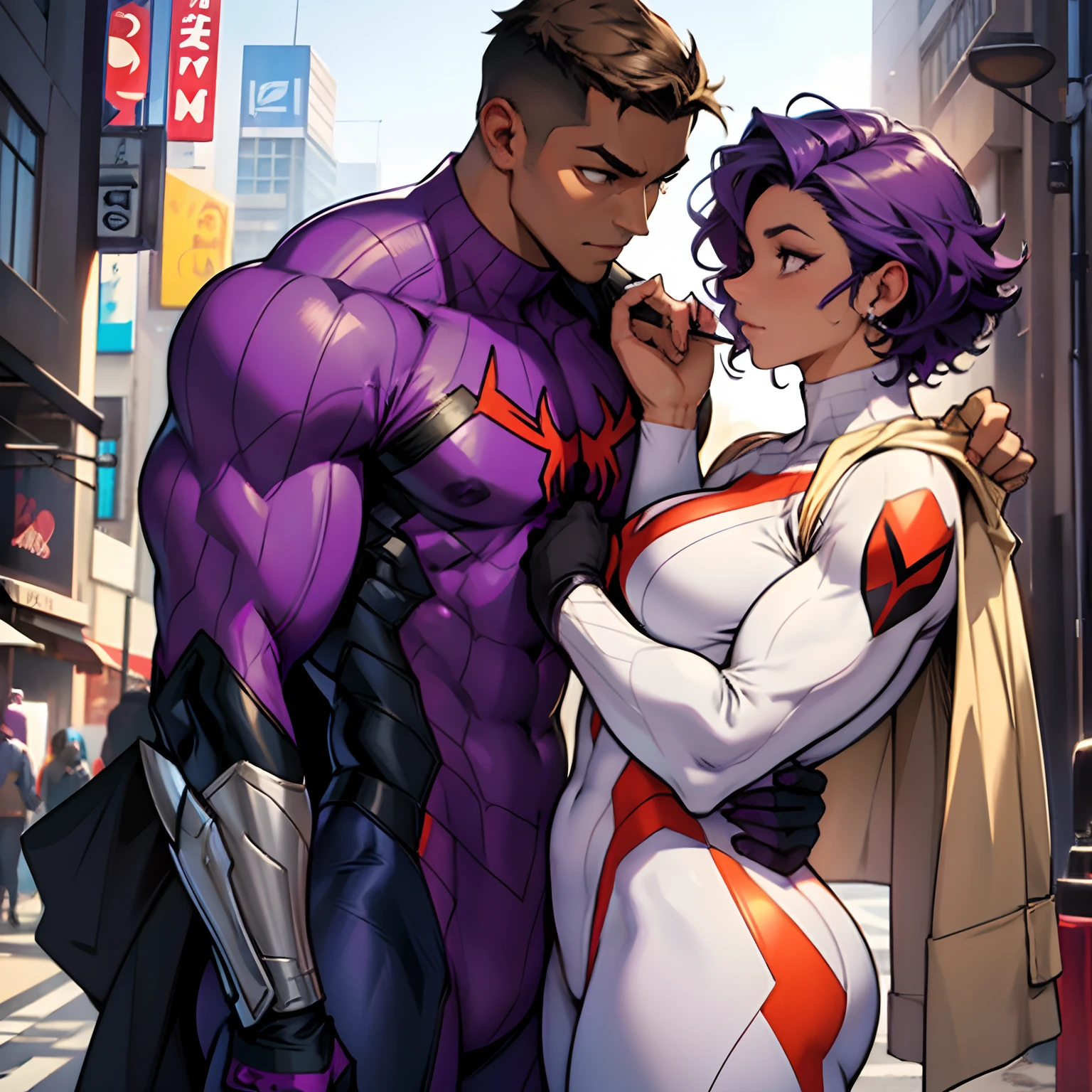 Spider-woman. Tan skin. Purple white and gold suit. Masked. Short curly hair. Muscular.