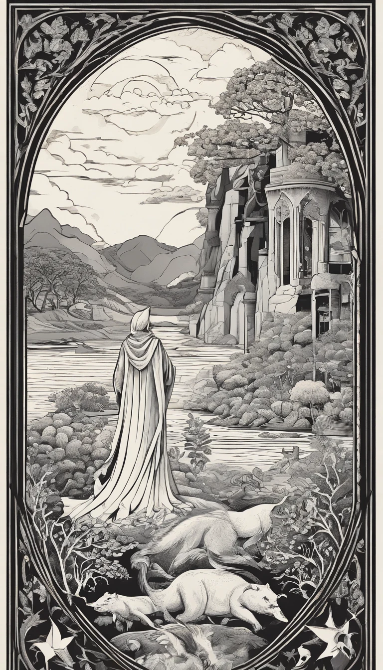 A magician stands with one arm stretched upwards towards the Universe, and the other pointing down to the earth. The Magician’s robe is white, and his cloak is red. On a table in front of him are a cup, pentacle, sword and wand. Above his head is the infinity symbol, and around his waist is a snake biting its own tail. in the foreground is an array of foliage and flowers,