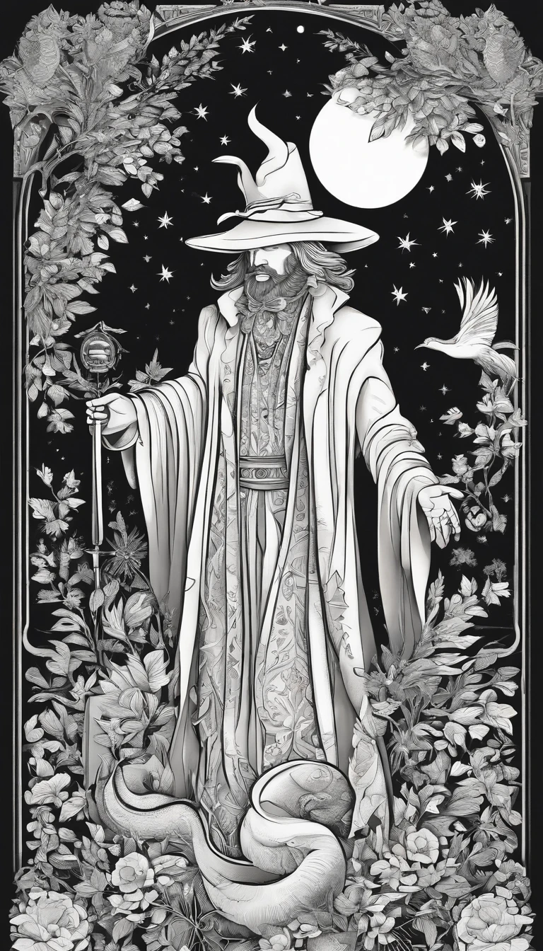 A magician stands with one arm stretched upwards towards the Universe, and the other pointing down to the earth. The Magician’s robe is white, and his cloak is red. On a table in front of him are a cup, pentacle, sword and wand. Above his head is the infinity symbol, and around his waist is a snake biting its own tail. in the foreground is an array of foliage and flowers,