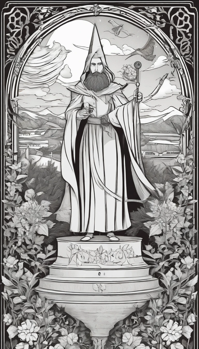 A magician stands with one arm stretched upwards towards the Universe, and the other pointing down to the earth. The Magician’s robe is white, and his cloak is red. On a table in front of him are a cup, pentacle, sword and wand. Above his head is the infinity symbol, and around his waist is a snake biting its own tail. in the foreground is an array of foliage and flowers,