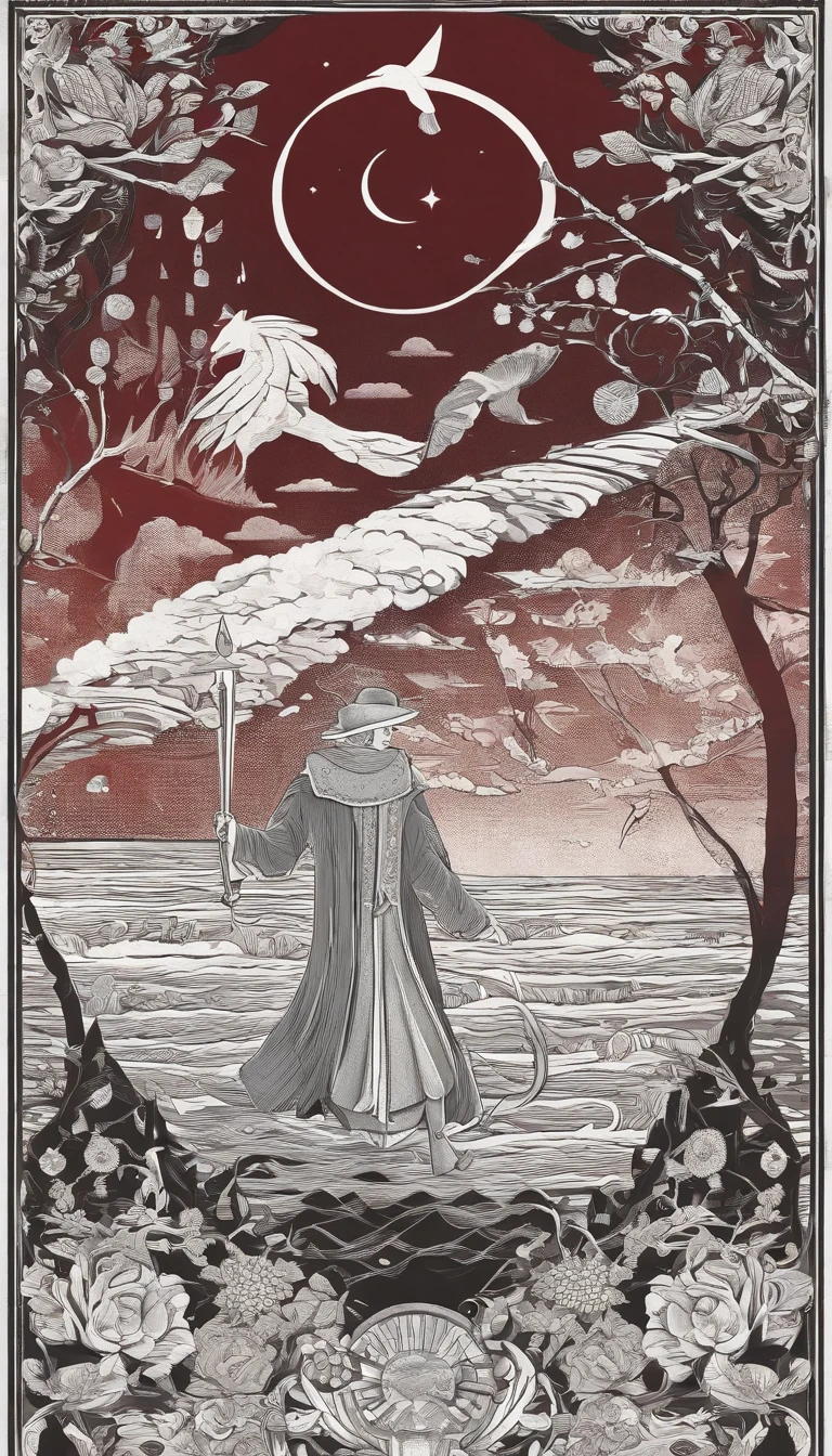 A magician stands with one arm stretched upwards towards the Universe, and the other pointing down to the earth. The Magician’s robe is white, and his cloak is red. On a table in front of him are a cup, pentacle, sword and wand. Above his head is the infinity symbol, and around his waist is a snake biting its own tail. in the foreground is an array of foliage and flowers,