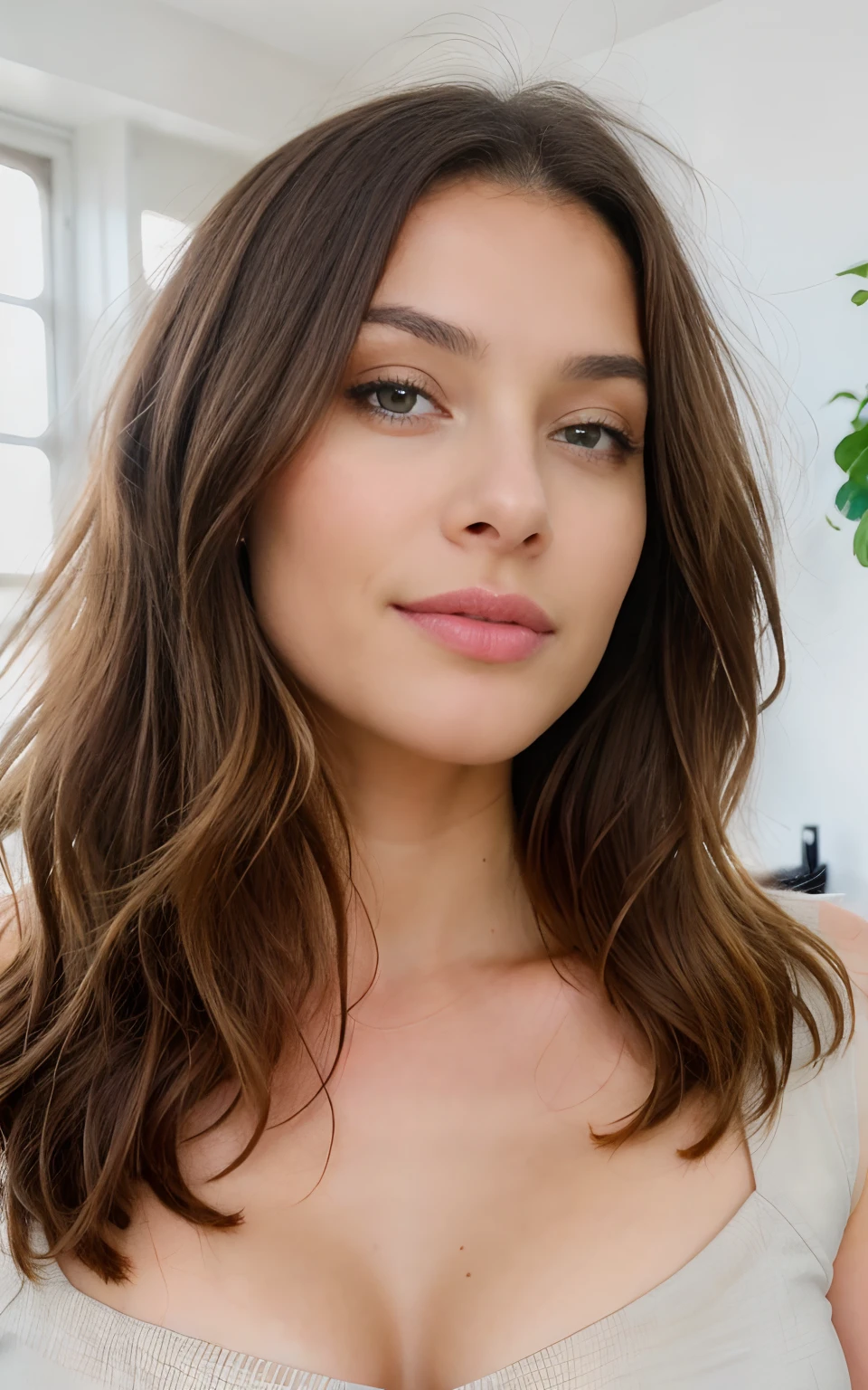 Belle brune portant un pull beige clair (Nail care in a modern beauty salon), Very detailed, 21 ans, visage innocent, natural wavy hair, yeux bleus, High resolution, Masterpiece, Best quality, Intricate details, highly detailed, mise au point nette, detailed skin, realistic skin texture, texture, detailled eyes, professionnel, 4K, sourire charmant, filmed on Canon, 85 mm, faible profondeur de champ, Couleur Kodak Vision, perfect fit body, Extremely detailed, photographier_\(ultra\), photoreallistic, Realstic, Post-traitement, maximum details, roughness, real life, ultra realist, photorealism, photographie, 8K UHD, photographie, travail, bureau