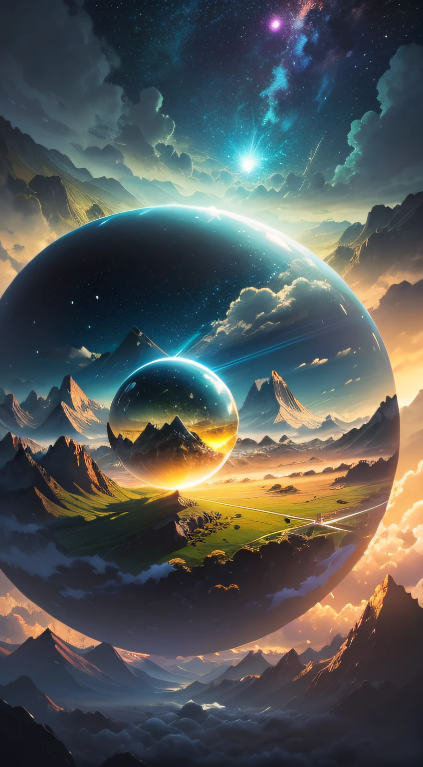 A giant mirror sphere floating in space, flickering lights, sad hamster lost (heaven like green fields surrounded by high mountains and clouds:1.3), particles in the air, god rays, stars in the background, intricate fractals, detailed, (illustration), masterpiece, high resolution, best quality.