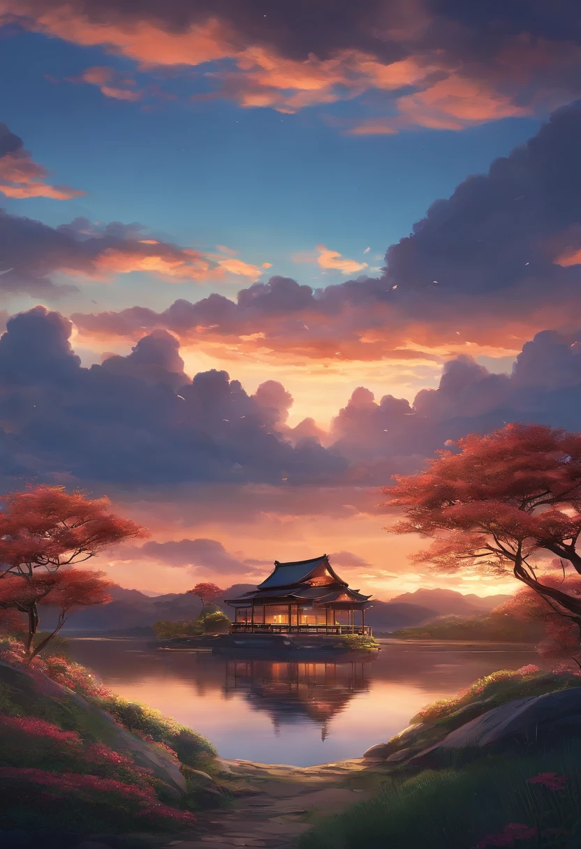 Illustration of your name 8K image quality beautiful landscape background Taki and Mitsuba, a noite