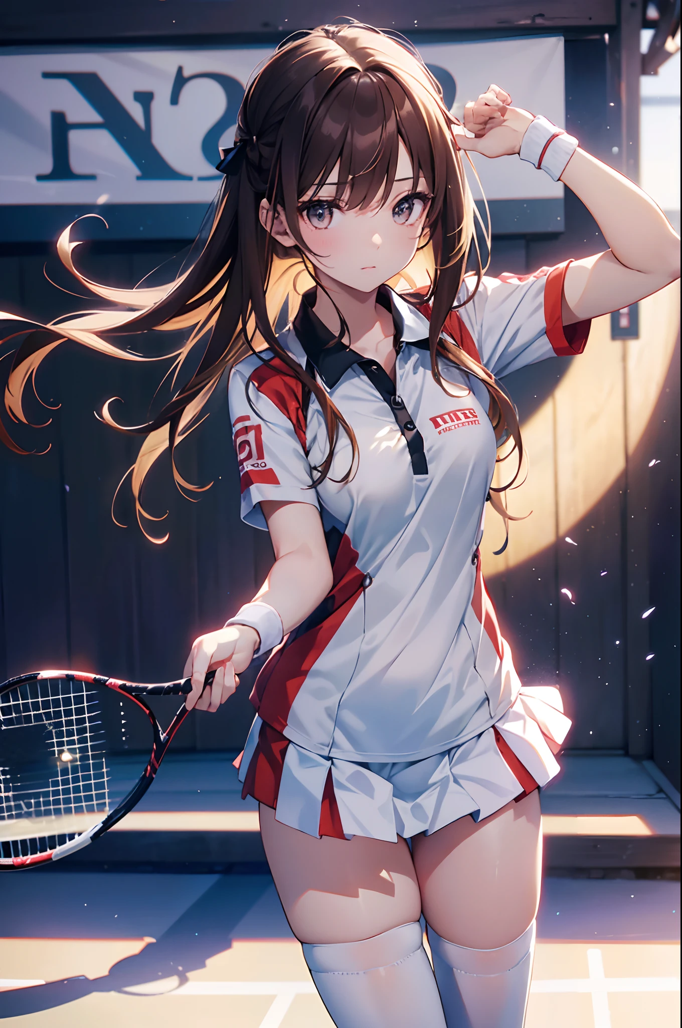 Official art, Unity 8k Wallpapers, ultra-detailliert, ​masterpiece, top-quality, 1人の女性, (ighly detailed),(Raw photography、top-quality)、(realisitic、Photorealsitic:1.3)、high-detail、Ultra-detailed complex 3D rendering of faces、(highlydetailed skin:1.2)、dynamic ungle, Fireglow effect,  profetional lighting, side lights, ciinematic light, 超A high resolution, 8K , film grains,Best Shadows, Particles of light, detailed skin textures, A detailed face, intricate-detail, ultra-detailliert, with light glowing, Looking back、Full body, tennis coat、beauitful face、blurry backround、18 year old beautiful girl、shinny skin、Twin-tailed、beautiful brown hair、Gray eyes、Tie your hair with a big red ribbon、(Tennis Uniforms、Holding a racket、dynamicposes:1.3)、raise arms、Dynamic Poses、white  panties、