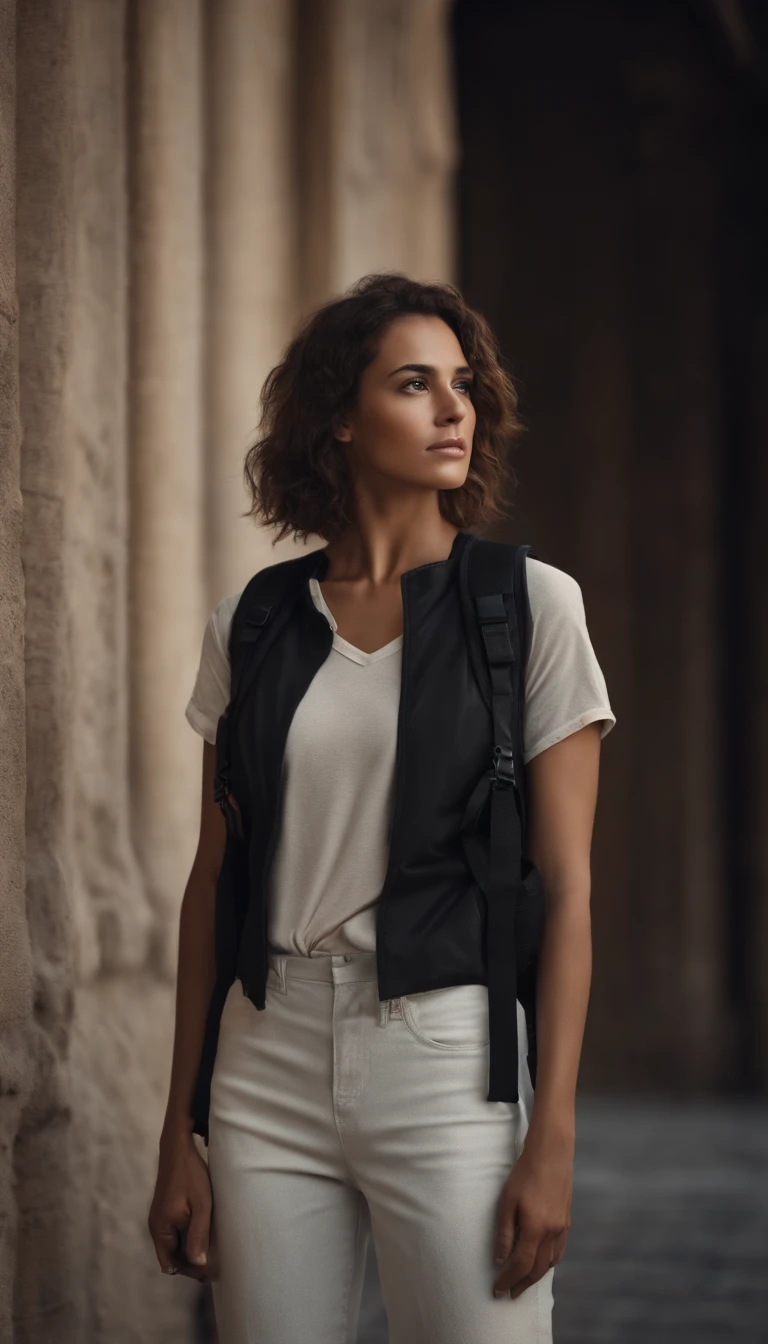 RAW Beautiful woman standing against a wall with a backpack, wearing black tshirt, bob hair over shoulder, Perpect body, looking at camera, cinematic lighting, Canon, cinematic lighting, Canon, Best Quality, masterpiece, ccurate, textured skin, super detail, high details, high quality, award winning, highres, 16k, Ultrarealistic