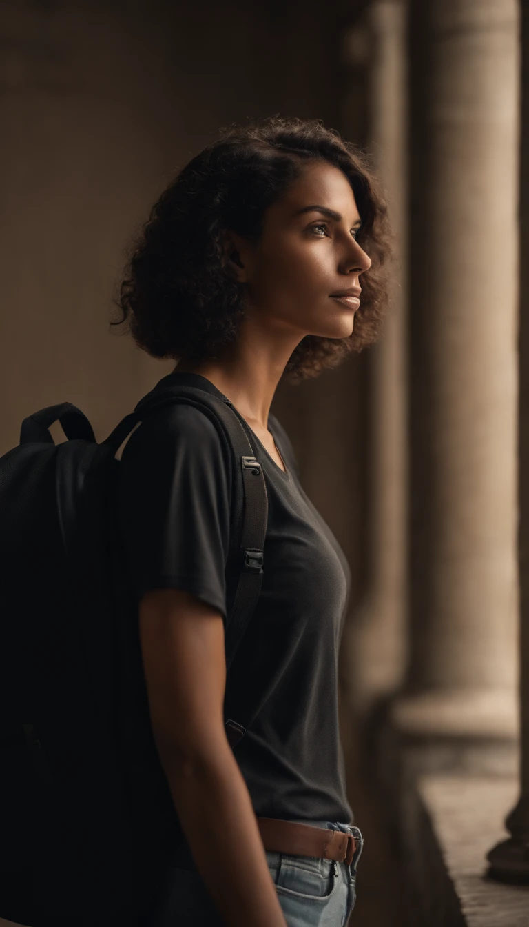 RAW Beautiful woman standing against a wall with a backpack, wearing black tshirt, bob hair over shoulder, Perpect body, looking at camera, cinematic lighting, Canon, cinematic lighting, Canon, Best Quality, masterpiece, ccurate, textured skin, super detail, high details, high quality, award winning, highres, 16k, Ultrarealistic
