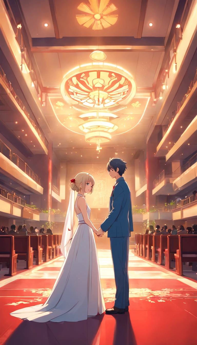best qualtiy, tmasterpiece, 超高分辨率, realisticlying,1 couple,white color hair,(Chinese wedding dress),(Chapel),An expression of happiness,Chinese Auditorium,Red lobby,wide angles