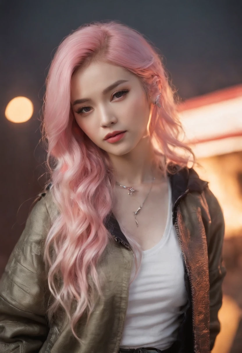 Works of masters，Higher quality，high detal，超高分辨率，8K分辨率，depth of fields，cyber punk perssonage，femele，solo person，ssmile，long whitr hair，Pink hair，curlies，ear studs，bangle，tee shirt，hoody，Firefighter jacket，Armored boots，Ride to the audience，springtime，setting sun，城市，Bus stop，Cinematic lighting