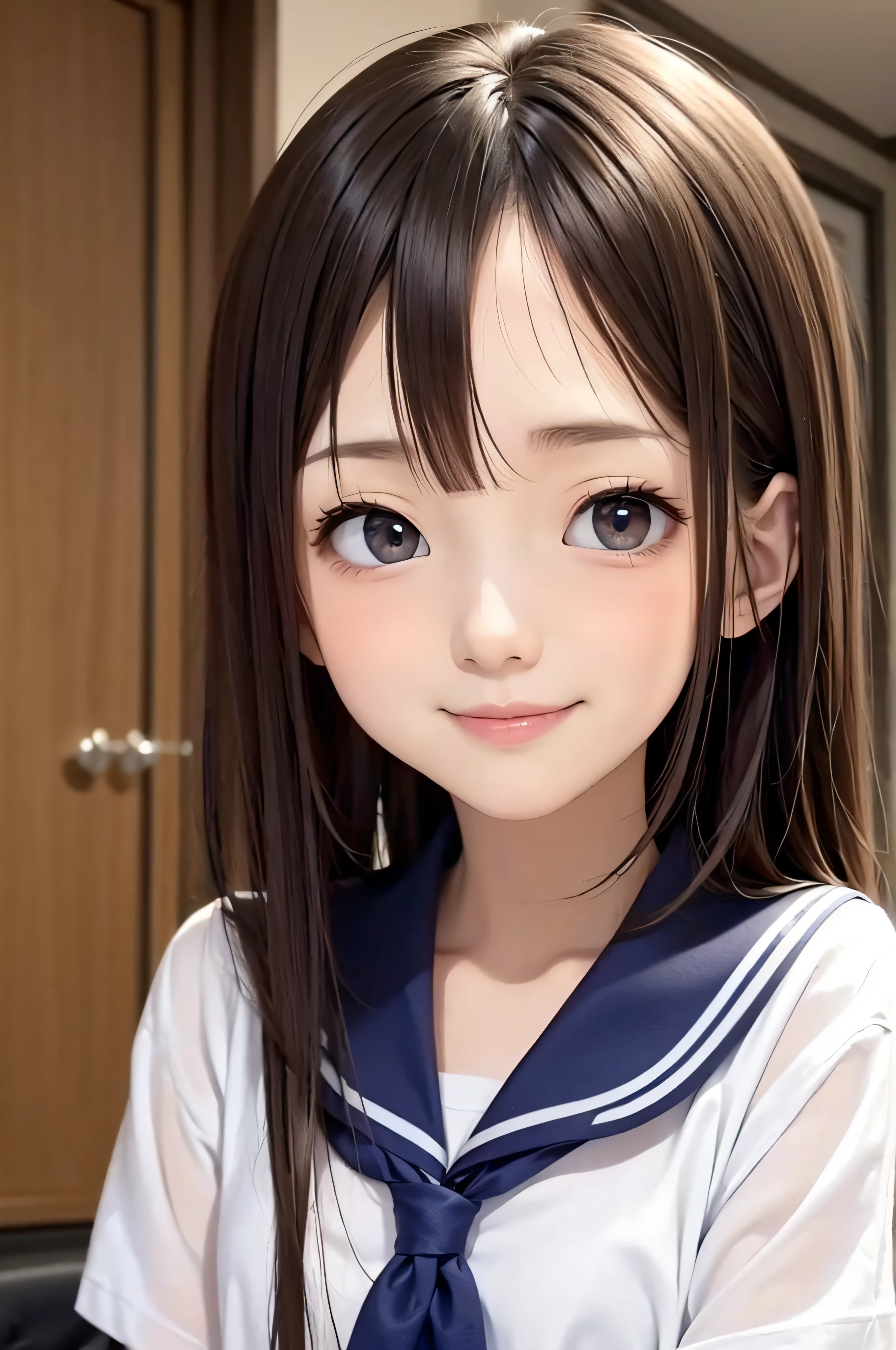 ars、brown haired、beautidful eyes、real looking skin、hi-school girl、a sailor suit、small tits、(8K、​masterpiece)、(reallistic、Photorealsitic)、top-quality、ighly detailed、The ultra-detailliert、Beautie、cute little、japanes、Idol、a smile、Close-up portrait、Healthy face