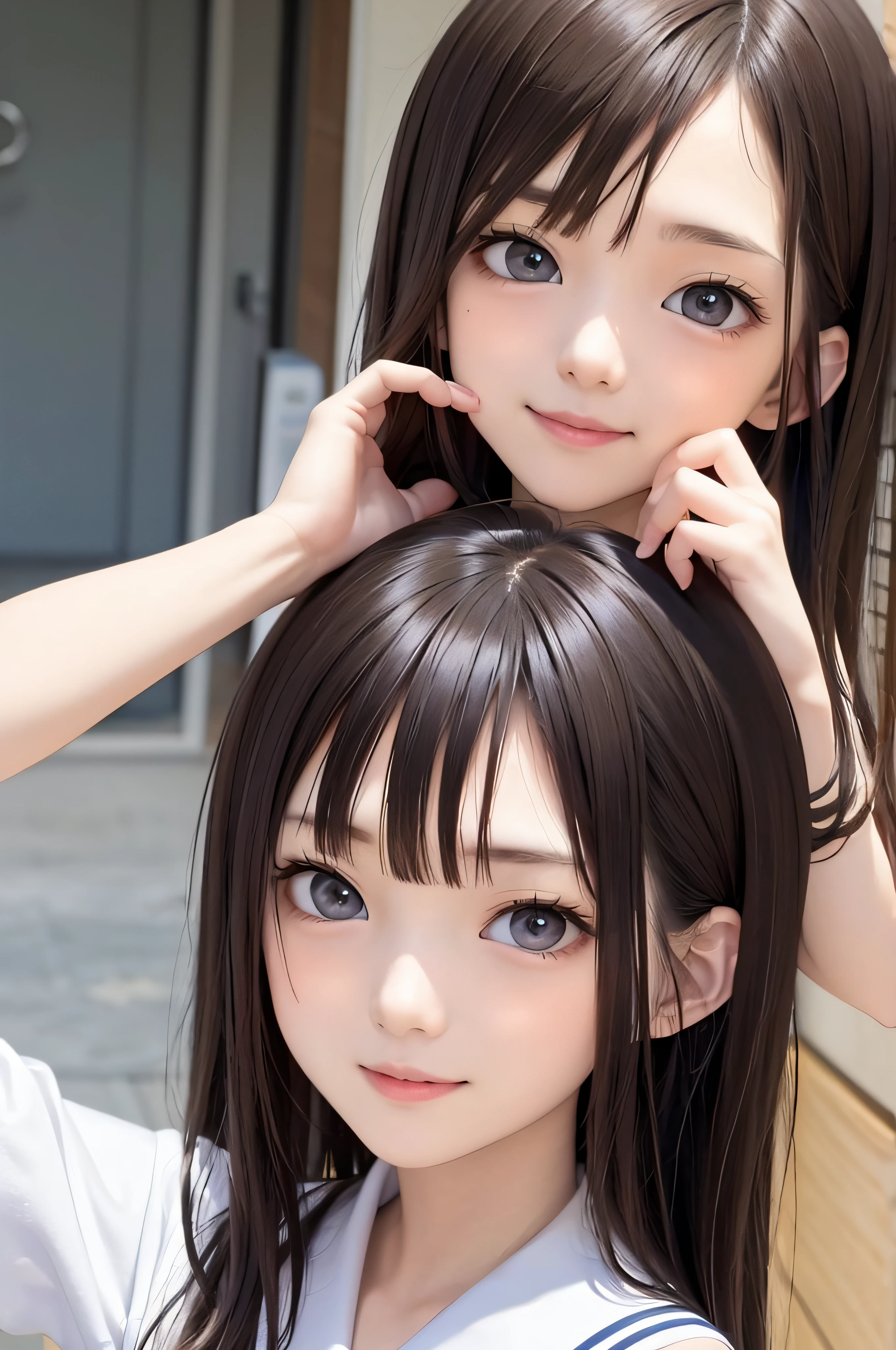 13years、brown haired、beautidful eyes、real looking skin、hi-school girl、a sailor suit、small tits、(8K、masterpiece)、(reallistic、Photorealsitic)、top-quality、ighly detailed、The ultra-detailliert、Beautie、cute little、japanes、Idol、a smile、Close-up portrait、Healthy face