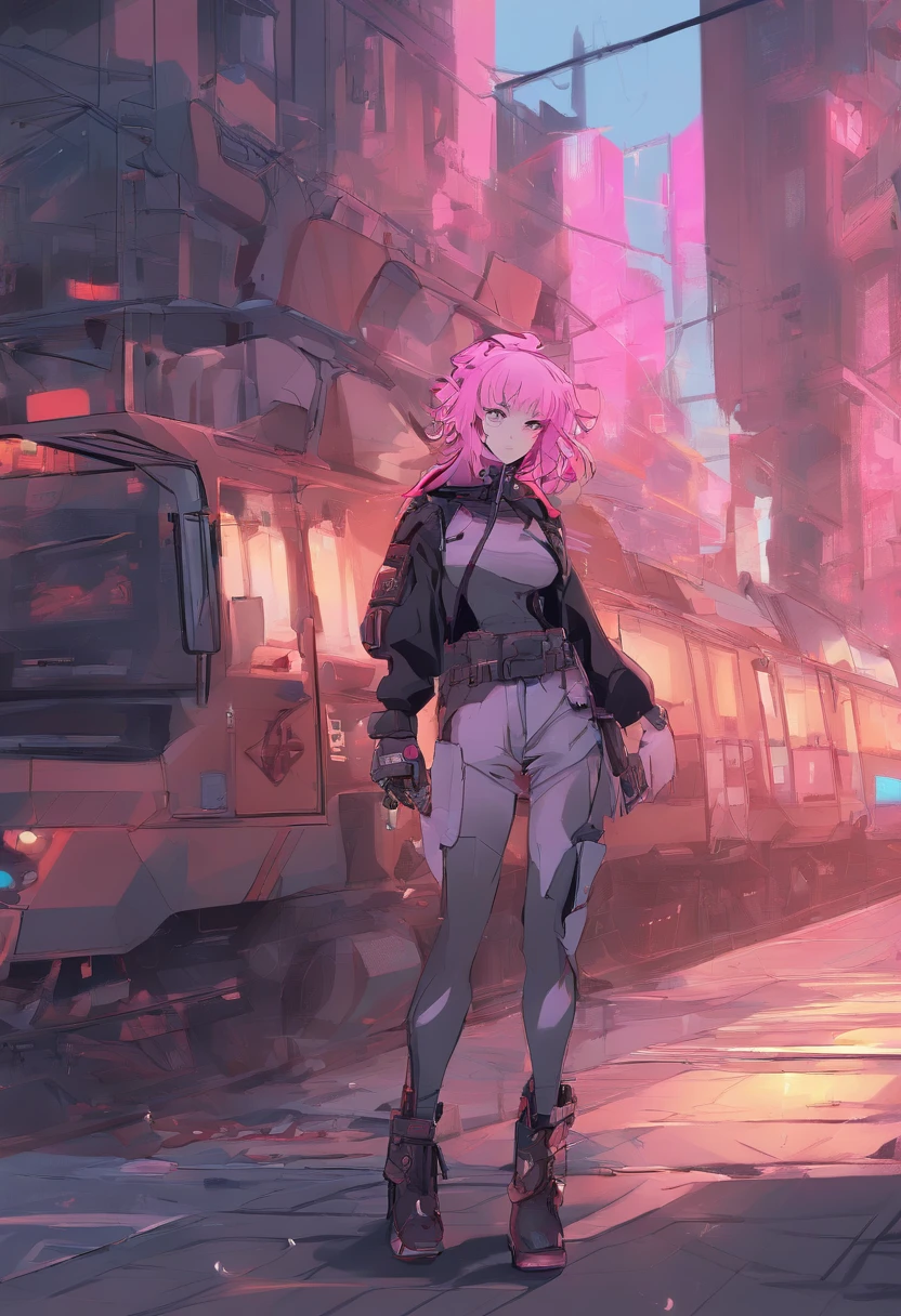 Works of masters,Higher quality,high detal,超高分辨率,8K分辨率,depth of fields,cyber punk perssonage,femele,bike,ssmile,long whitr hair,Pink hair,curlies,ear studs,bangle,tee shirt,hoody,Firefighter jacket,Armored boots,cycle,springtime,setting sun,city road,Bus stop,Cinematic lighting