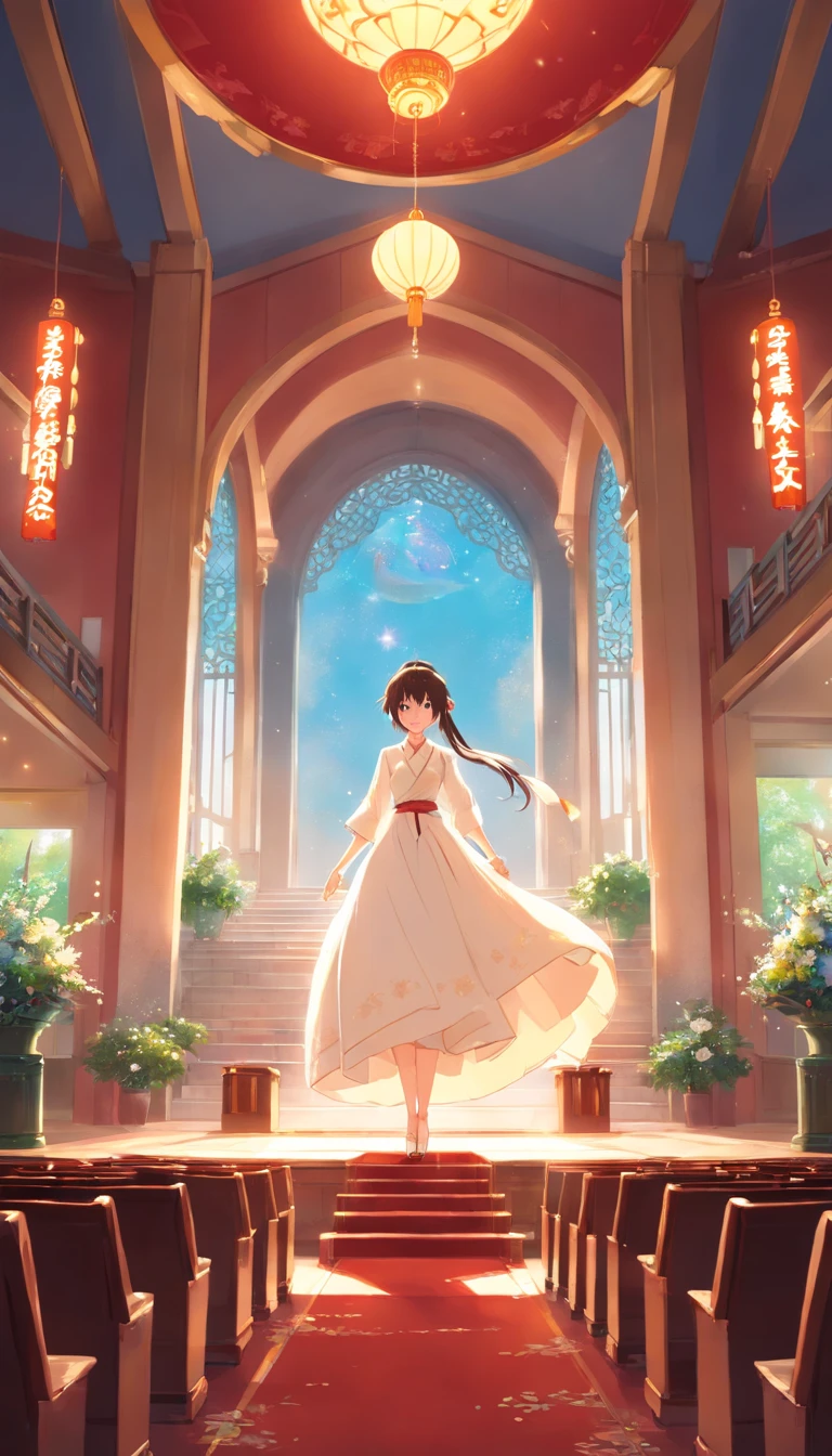 best qualtiy, tmasterpiece, 超高分辨率, realisticlying,1 couple,White color hair,(Chinese wedding dress),(chapel),An expression of happiness,Chinese auditorium,Red lobby,wide angles