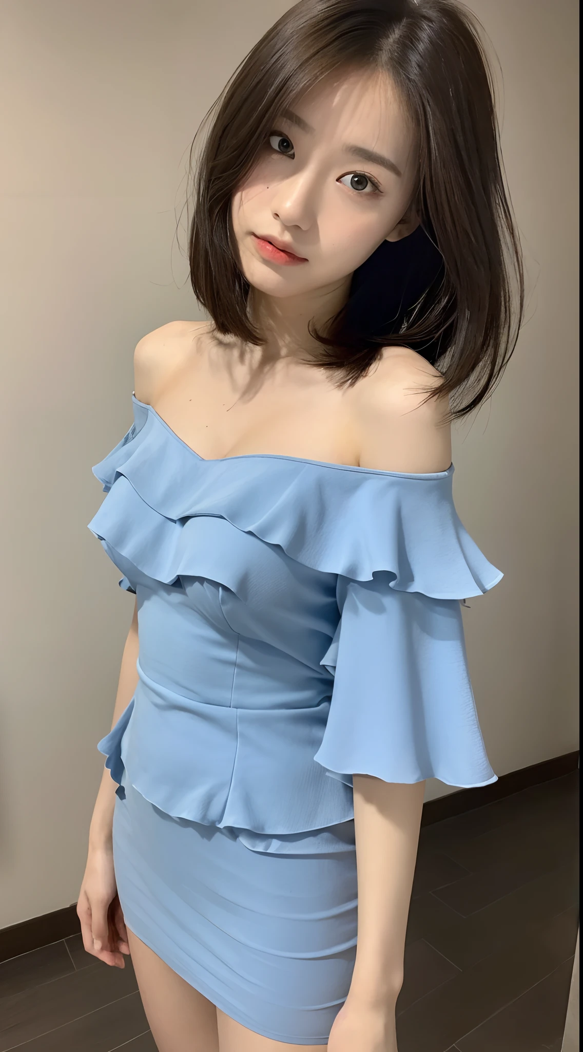 Blue dress,brown hair, hair over shoulder, ponytail, grin, blush, Surrealism, Hyperrealism, Verism, wide shot, UHD, masterpiece, ccurate, anatomically correct, textured skin, super detail, high details, high quality, highres, 1080P, HD, 8k