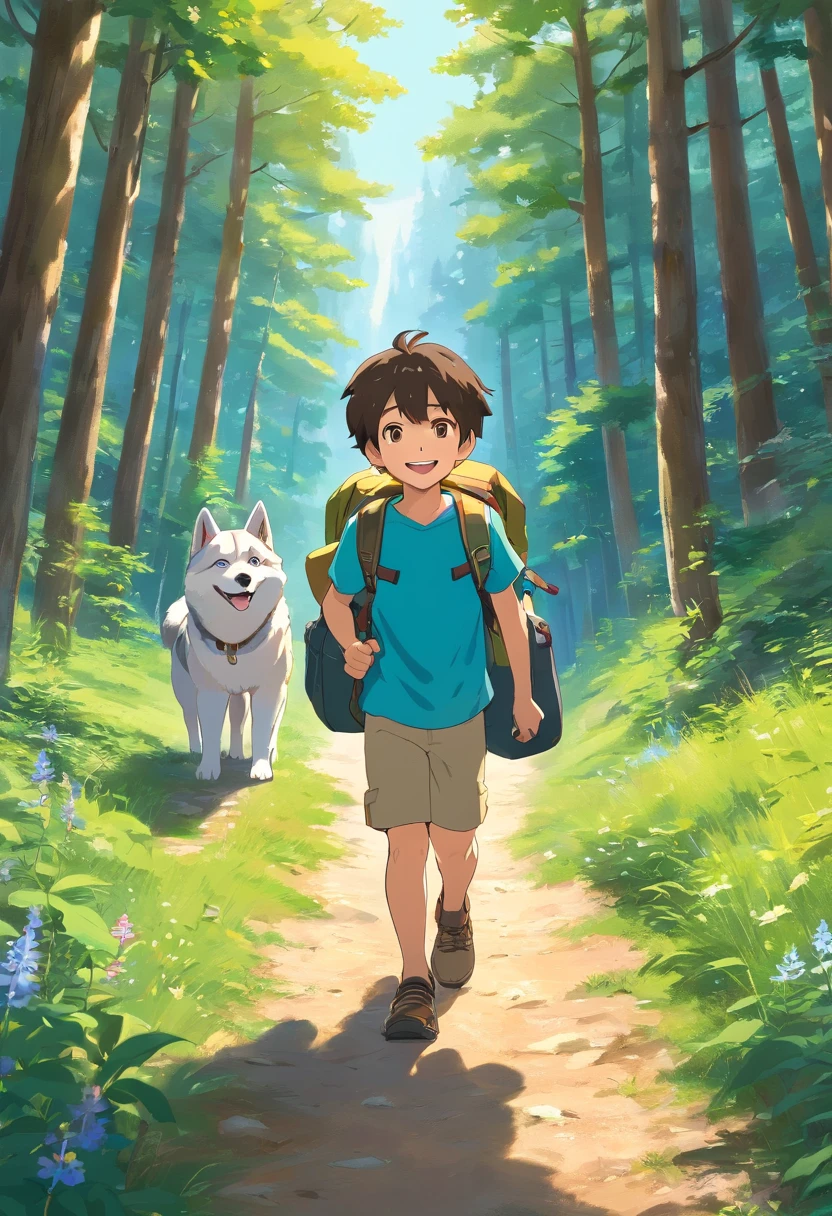 6 year old boy and grandpa with hiking bag, ssmile, on forest path, Face the lens, Adorable Huskies followed, Wildflowers, Far Mountain, the woods.