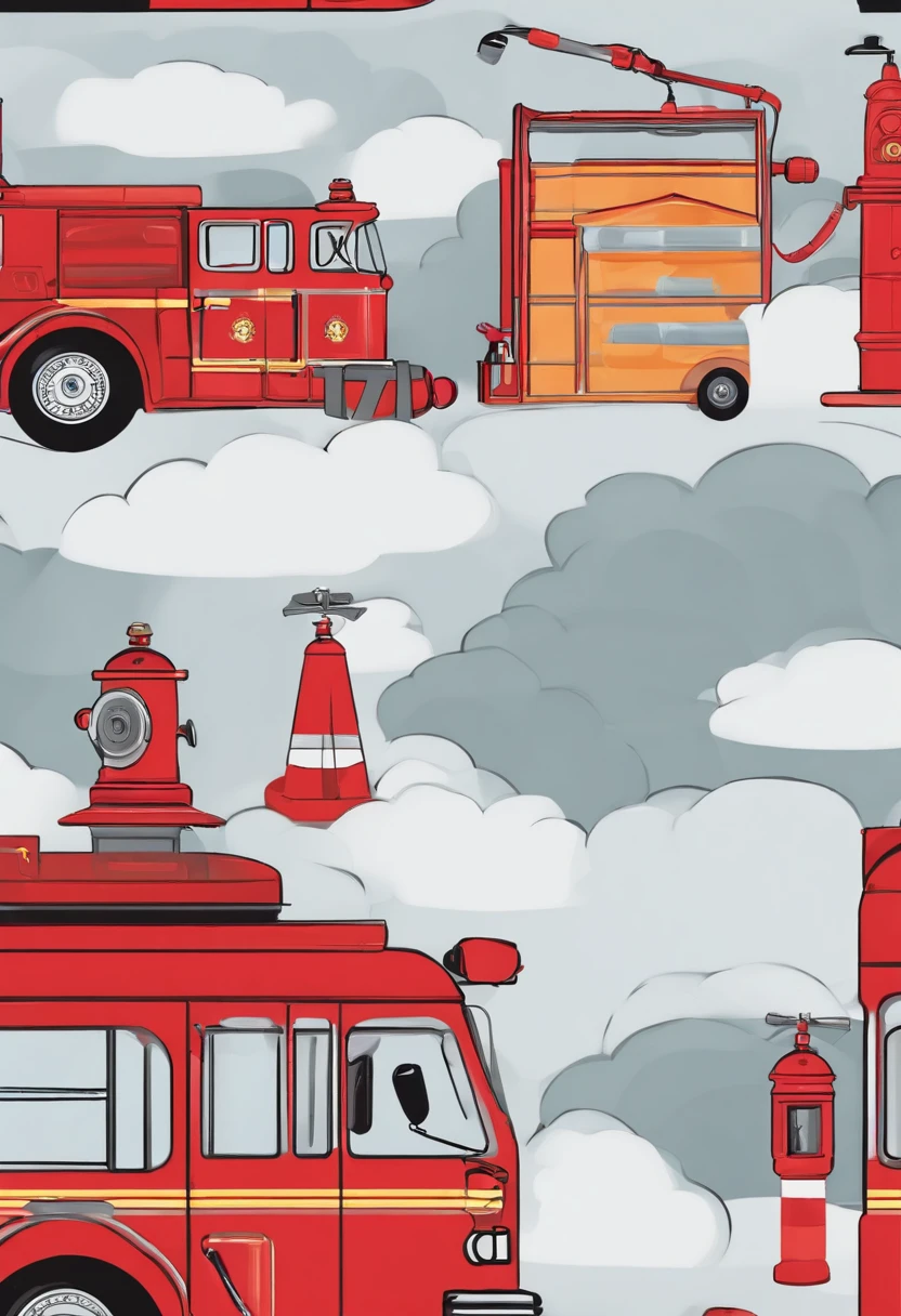 The pattern is circular,The base color is red,There are fire extinguishers,fire hydrant,fire truck,fireman,wrench,lighter,Fire fighting elements such as fire suits and protective clothing,Simple style,With a design style,Color perception is bright,stickfigure,Pencil color pencil touch,The hydrant is in the lower left corner of the circle to the upper semicircle,Half of the circle is sparks and smoke,Firefighters are fighting the fire