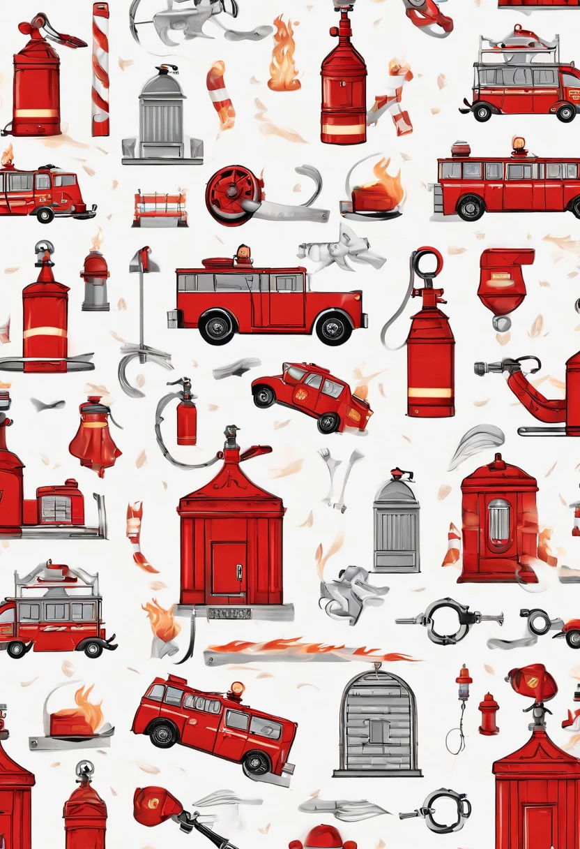 The pattern is circular，The base color is red，There are fire extinguishers，fire hydrant，fire truck，fireman，wrench，lighter，Fire fighting elements such as fire suits and protective clothing，Simple style，With a design style，Color perception is bright，stickfigure，Pencil color pencil touch,The hydrant is in the lower left corner of the circle to the upper semicircle，Half of the circle is sparks and smoke，Firefighters are fighting the fire