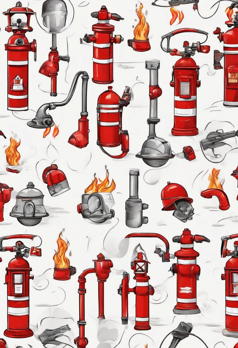 The pattern is circular,The base color is red,There are fire extinguishers,fire hydrant,fire truck,fireman,wrench,lighter,Fire fighting elements such as fire suits and protective clothing,Simple style,With a design style,Color perception is bright,stickfigure,Pencil color pencil touch,The hydrant is in the lower left corner of the circle to the upper semicircle,Half of the circle is sparks and smoke,Firefighters are fighting the fire