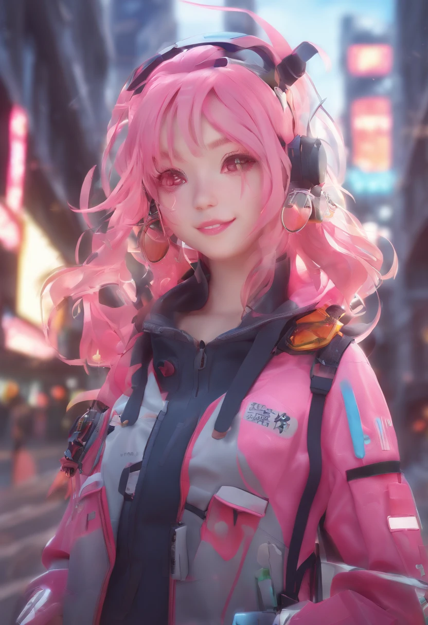 Works of masters,Higher quality,high detal,超高分辨率,8K分辨率,depth of fields,cyber punk perssonage,femele,bike,ssmile,long whitr hair,Pink hair,curlies,ear studs,bangle,tee shirt,hoody,Firefighter jacket,Armored boots,cycle,springtime,setting sun,city road,Bus stop,Cinematic lighting