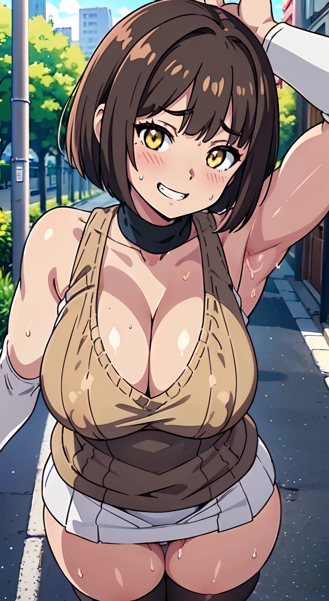 (Perfect body),Best Quality,(8K Portrait),(Official art)、(NSFW)、(((muscular)))、embarrassed from、1girl in,(smirk grin)、showing teeth、(((thick thighs)))、(((blush))),(Sweat),((((large udder))))、(big butts)、(Dark hair),((bob cuts)),Short hair, (Yellow eyes),(((Sleeveless brown sweater)))、(Blue mini skirt)、(skirt rift)、Black knee socks、((White panty))、((Panchira))、(Armpits)、cleavage、spreading legs、(In the street)、natta、is standing、