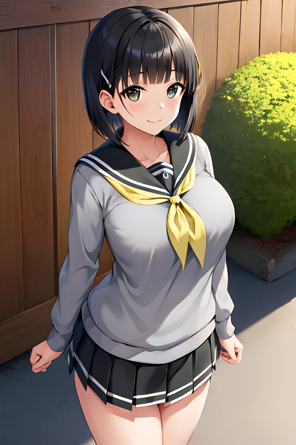 masutepiece, Best Quality, hight resolution, ASG, Short hair, hair clips, Large breasts, grey sweater, black sailor collar, Yellow neckerchief, Black skirt, Standing, Cowboy Shot, Outdoors、a smile、