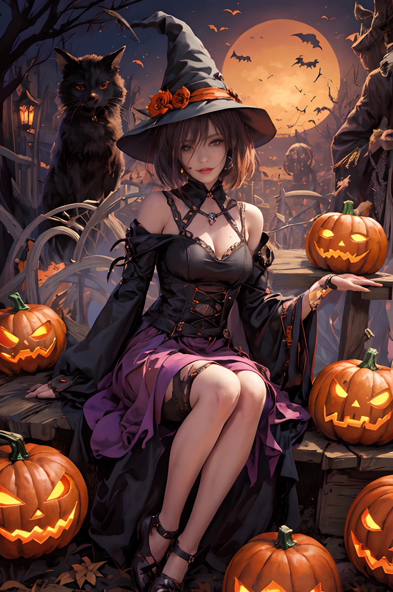 Short haired brunette witch sitting in pumpkin field, halloween art style, halloween night, halloween atmosphere, fashionable dark witch, halloween theme, halloween celebration, The Witch, in a halloween style, scarry but bewitching, flirty anime witch casting magic, Guviz, witch fairytale, , beautiful female witch