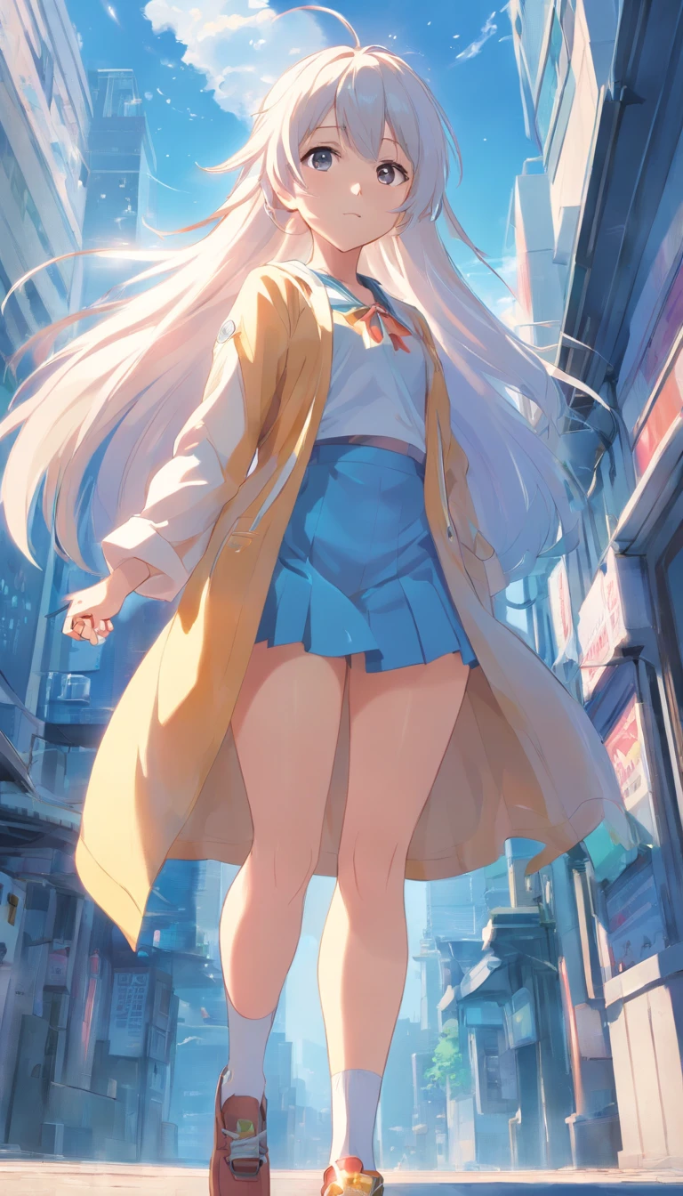best qualtiy, tmasterpiece, 超高分辨率, realisticlying, 1 girl, long white hair,Heterochromic pupils,Long legs,HmongCostume,Witty and eccentric,cheerfulness,wide angles