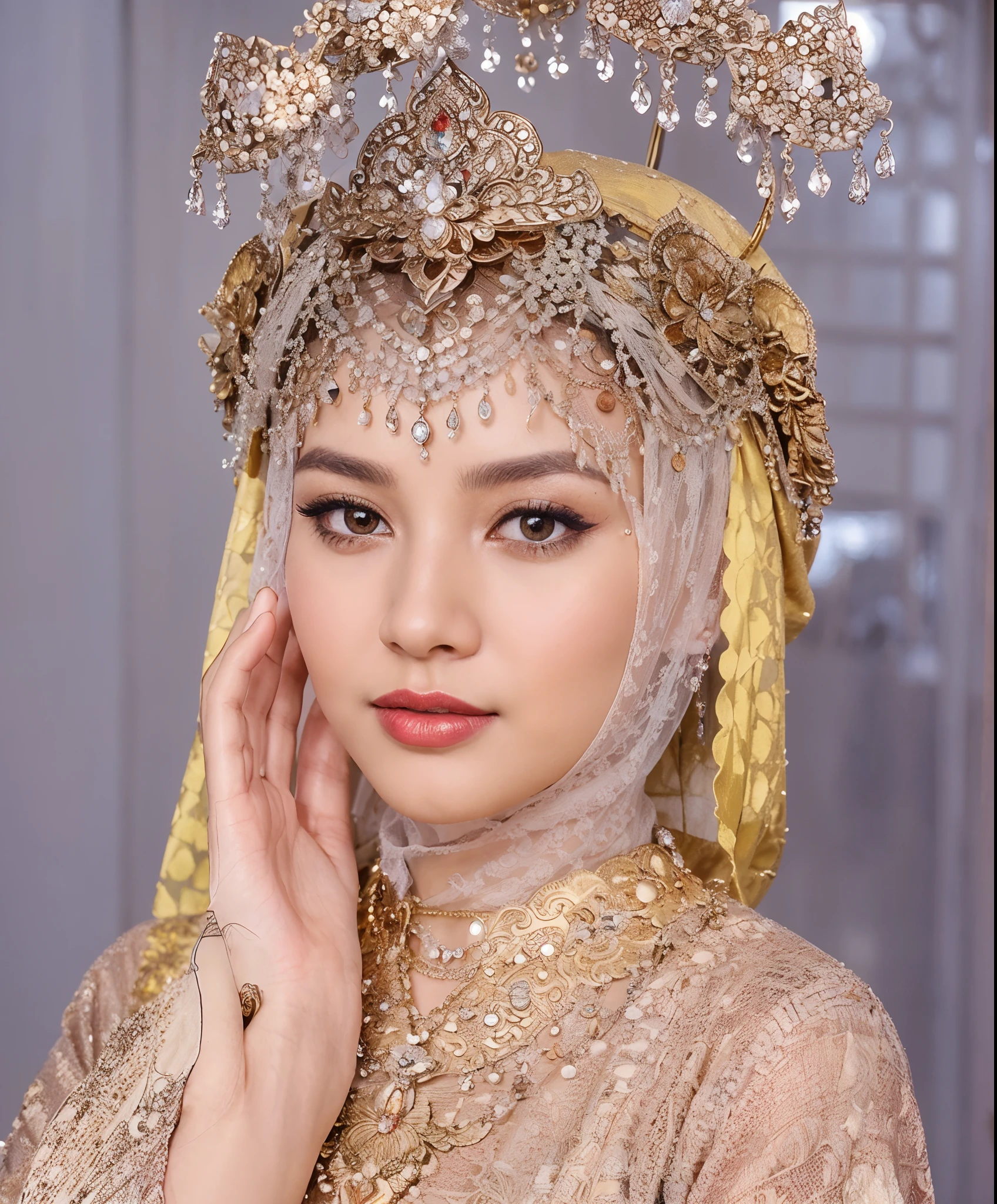 A close up of a woman wearing a gold headpiece and a veil - SeaArt AI