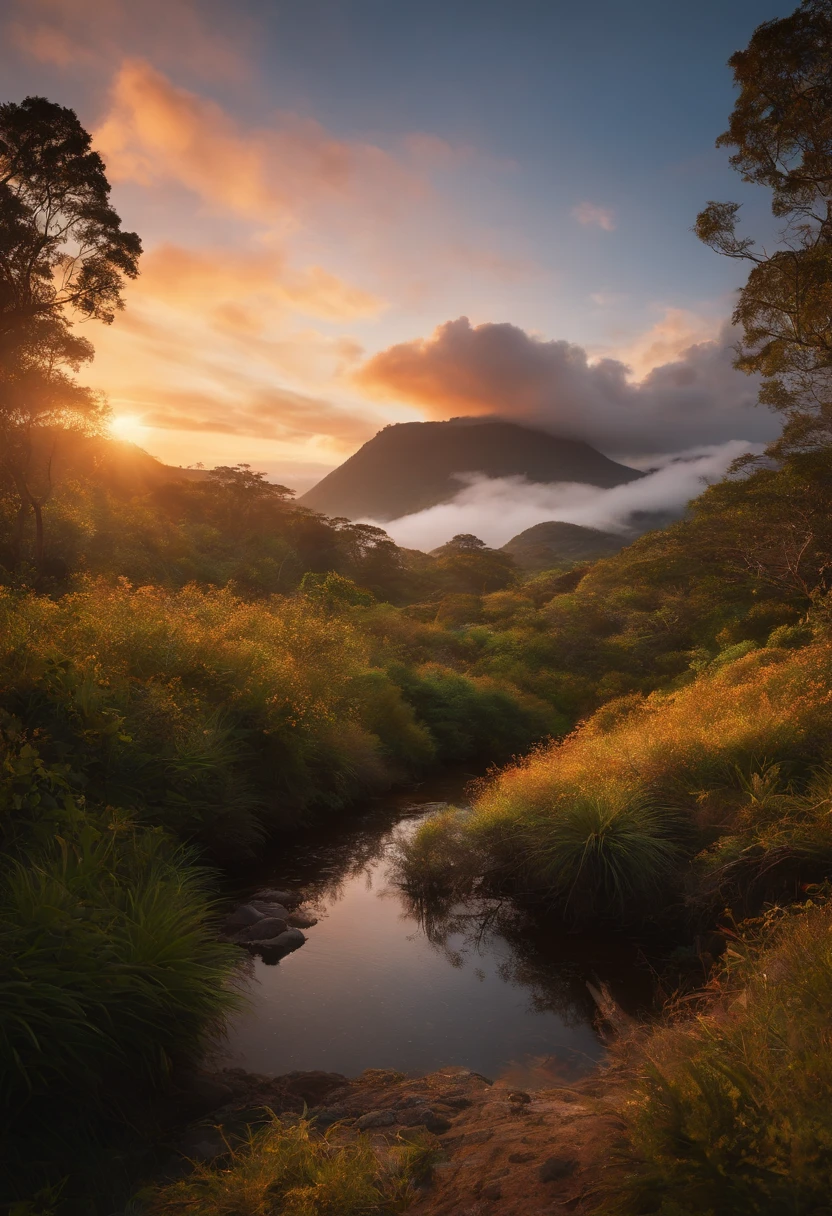 master part, best quality, cinematic Film still from, Grandes nuvens de fogo, Flutue do meio do quadro para os lados, Close-up, brilhante, alegria, warm and gentle lighting, Estilo Ghibli, Anime peito grande, picture book, Sunset, Don't be human, Tela paisagem