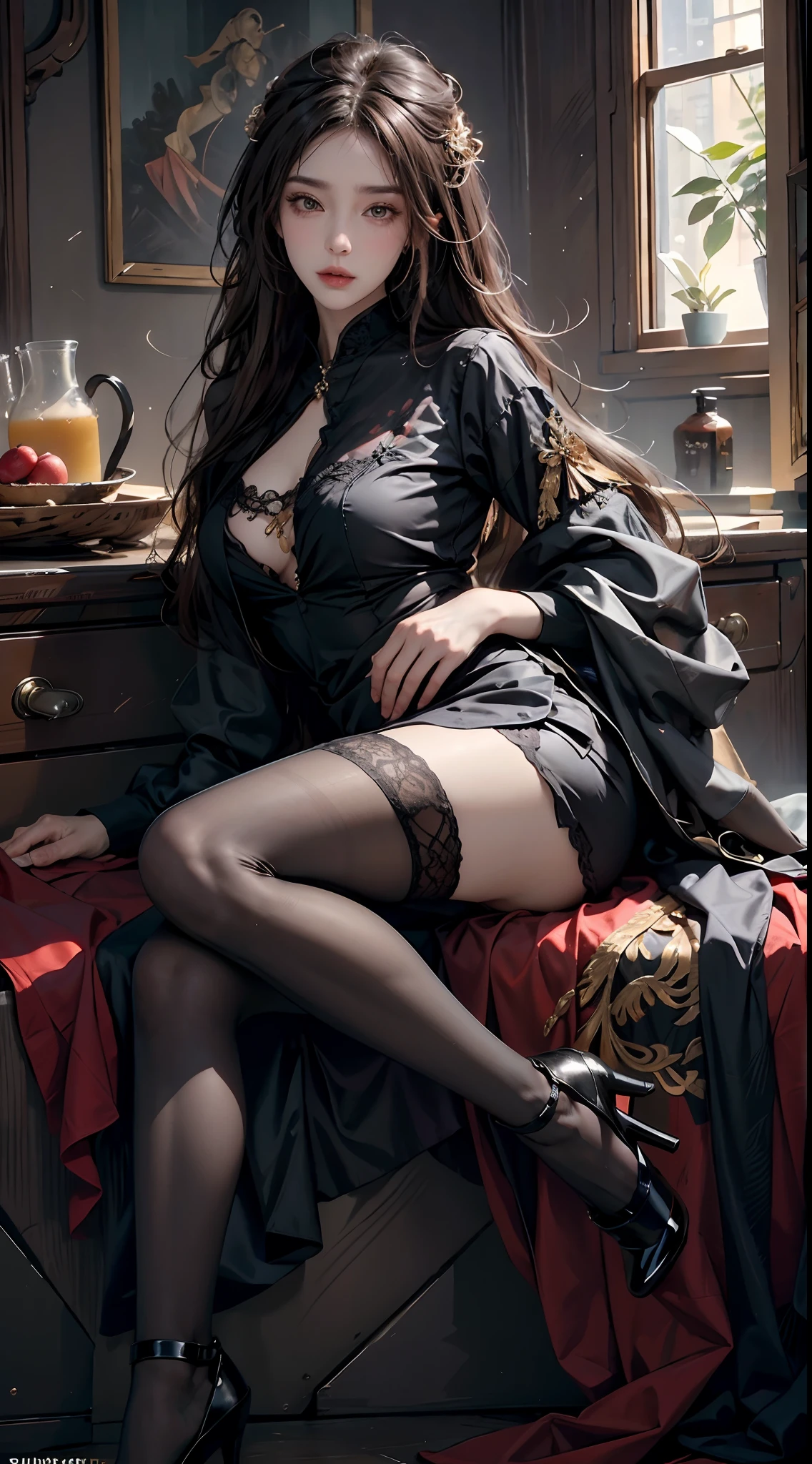 ((Masterpiece, Highest quality)), Detailed face, CharacterDesignSheet,full bodyesbian, Full of details, Multiple poses and expressions, Highly detailed, Depth, Many parts,beuaty girl,cinmatic lighting,with light glowing,rot,Phoenix decoration,light yarn,Lace,lacepantyhose,high-heels,realisticlying,超高分辨率,Ultra-clear,Enchanting,beautifullegs