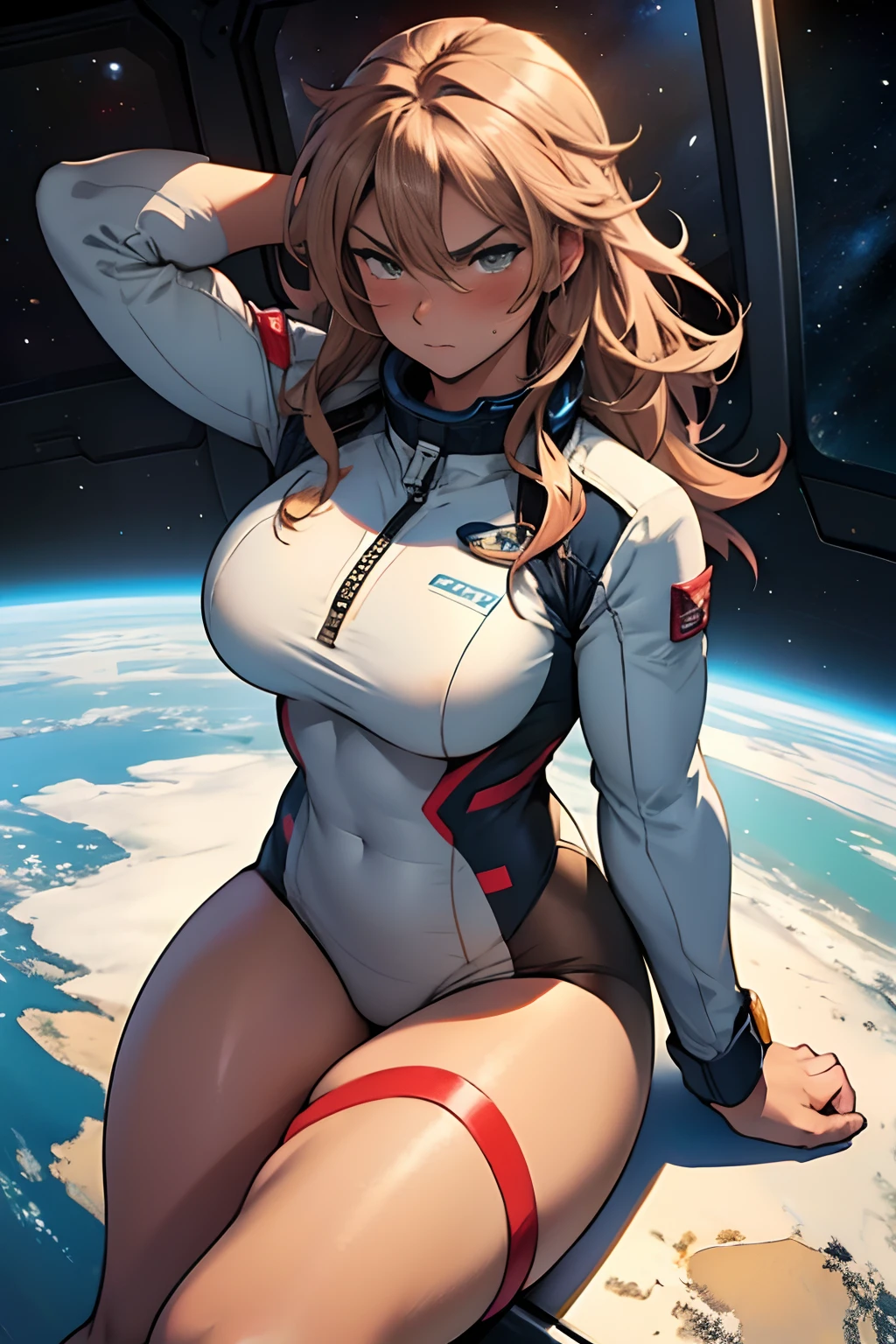 sandy hair muscular large breasts thick thighs pilot suit solo looking at viewer in space long hair blushing angry