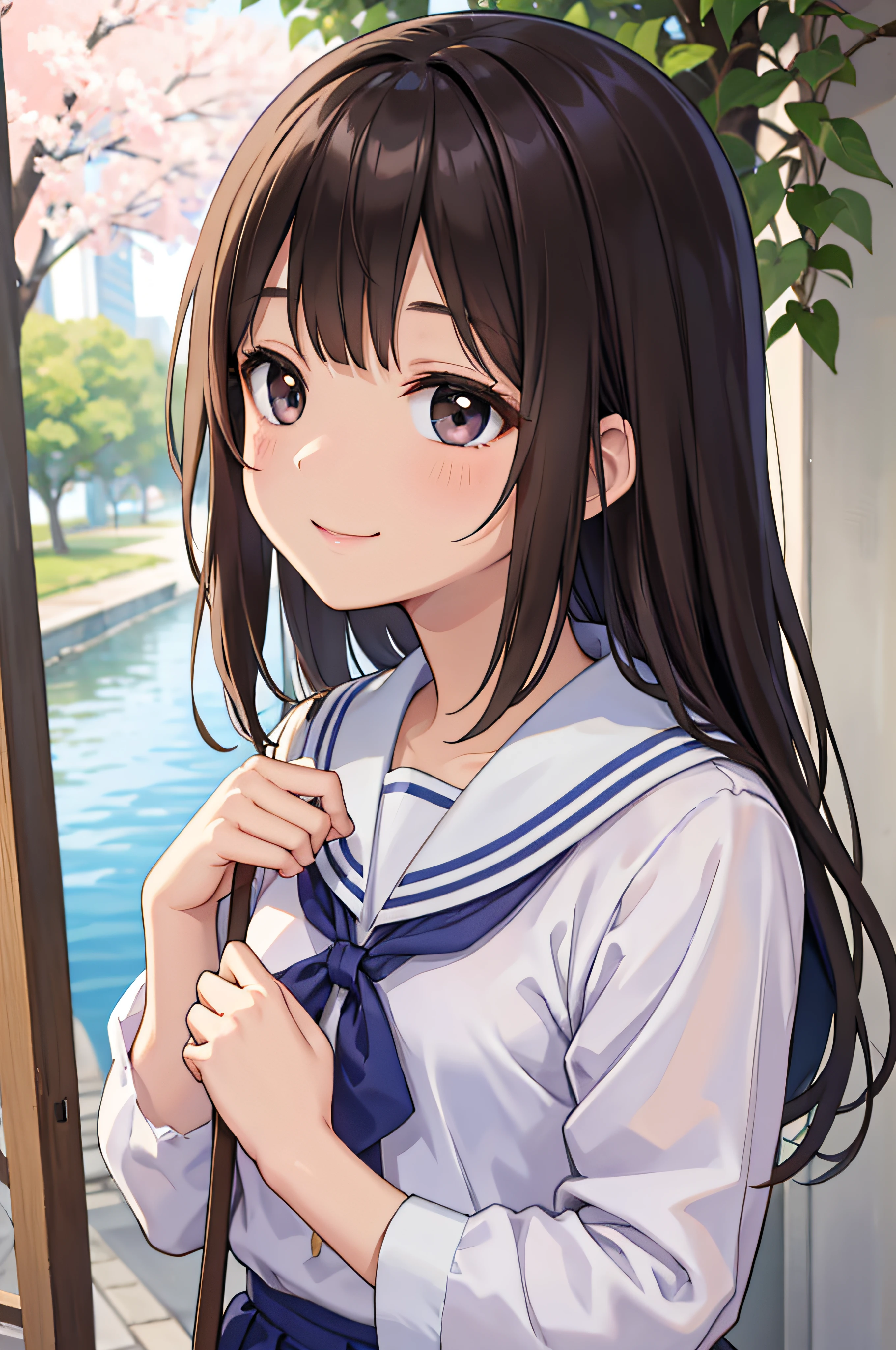 ars、brown haired、beautidful eyes、real looking skin、hi-school girl、a sailor suit、small tits、(8K、masterpiece)、(reallistic、Photorealsitic)、top-quality、ighly detailed、The ultra-detailliert、Beautie、cute little、japanes、Idol、a smile、Close-up portrait、Healthy face