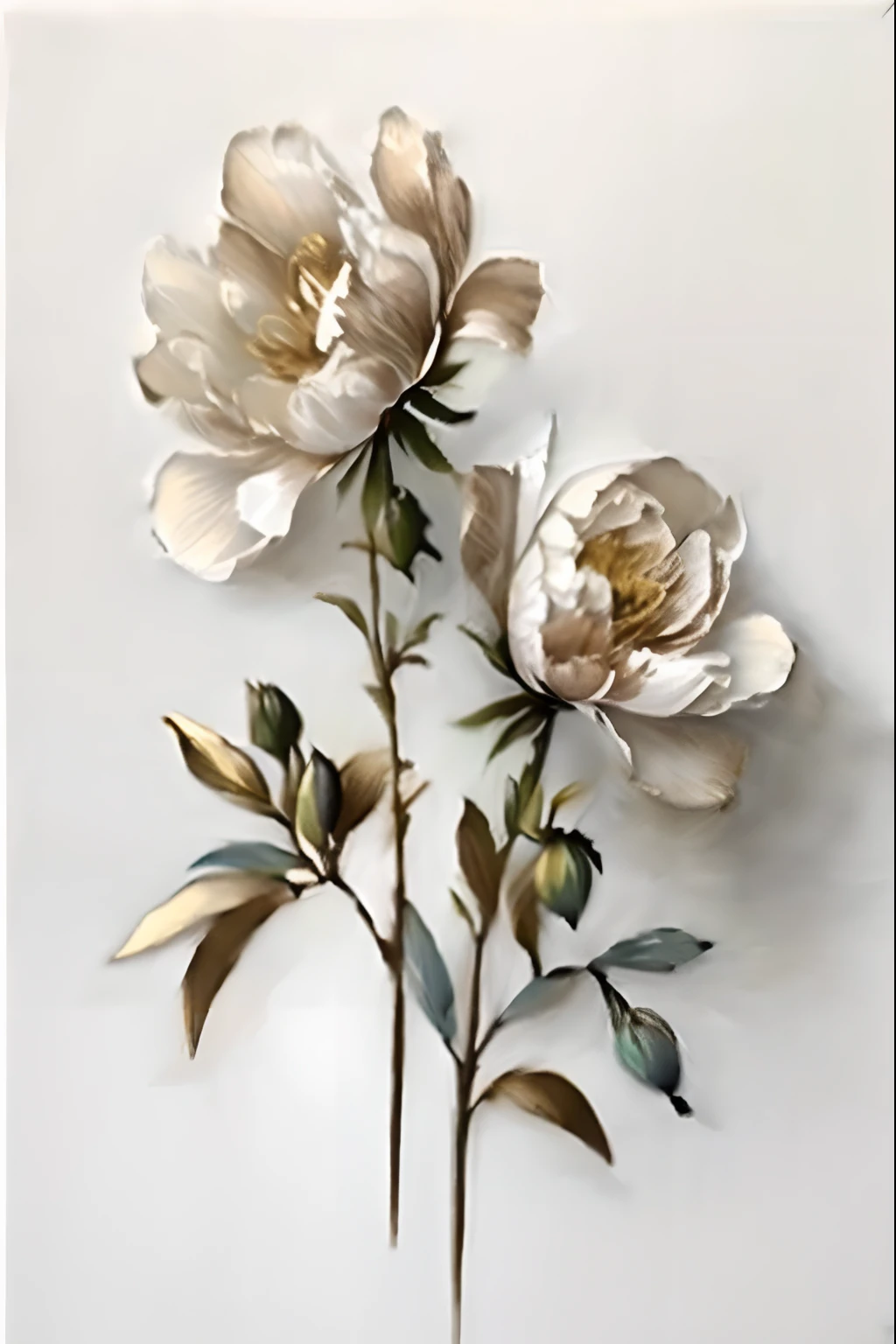 Close up of painting of two flowers on white background, realistic flowers oil painting, gold flowers, gold flaked flowers, elegant flowers, gilded. Floral, detailed flowers, flowers and gold, elegant and refined painting, Elegant oil painting, golden flowers, Inspired by Louis Bouvelot, ornate flowers, Peonies, botanical artwork