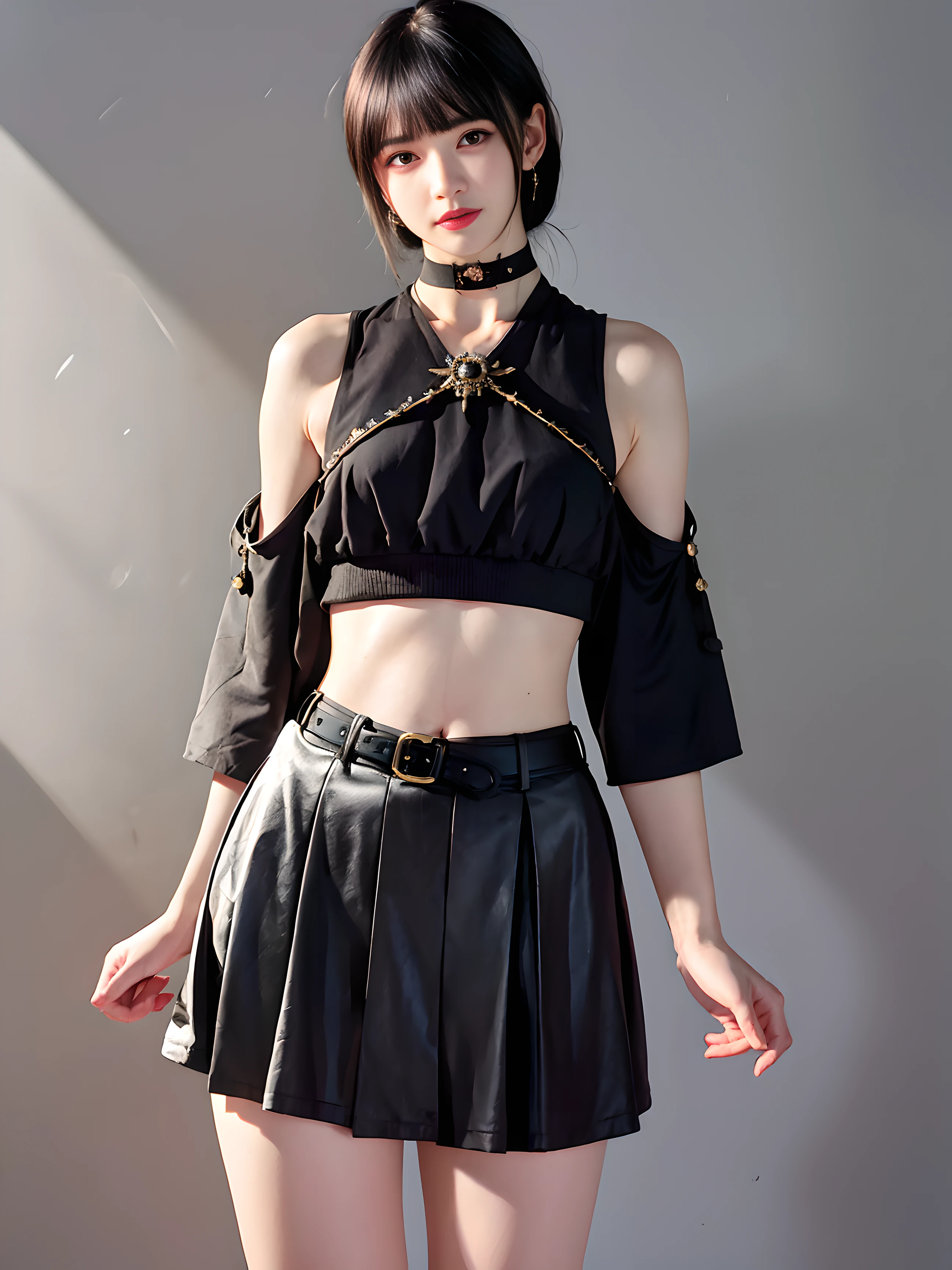 (masterpiece, best quality, 1girl, solo, intricate details, chromatic aberration), (realistic),(skin), ((breath)),(black hair,blunt bangs),detailed hair, red head ornament, blue highlights, hair over one eye,black eyes, small earrings, sharp eyes, choker,((black crop top )),(black skirt),(belt),open waist,(symmetry eyes),(perfect symmetrical body), night,(((natural light))),backlighting,against grey  wall, dim lighting ,look at viewer,((centered shot, from front,(face and waist)))