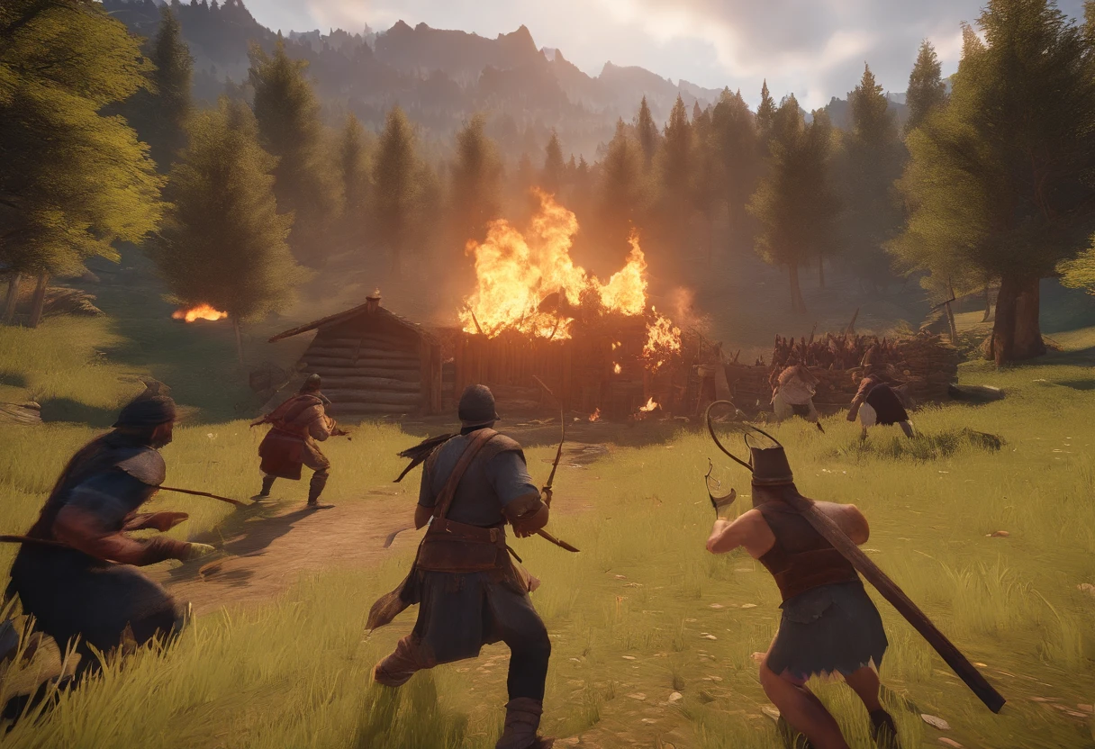 (Best quality, 8k, Masterpiece :1.2), squad fighting enemy, burning scene in the background, gameplay screenshot with ui, screenshot from an fps, burning village in background, in pubg, in-game, smoke rising in the background, explosions all around, in game, video game screenshot>
