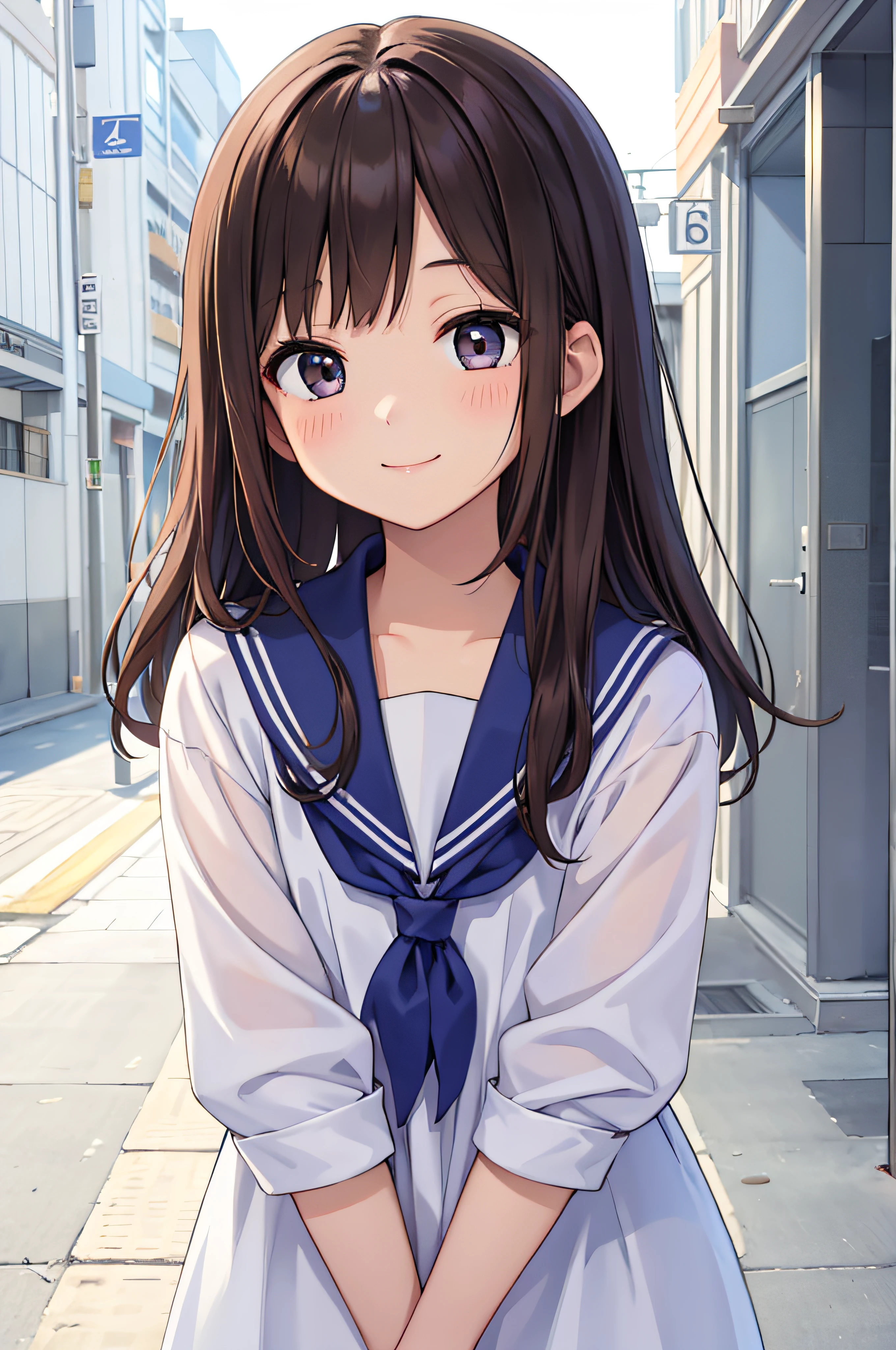 ars、brown haired、beautidful eyes、real looking skin、hi-school girl、a sailor suit、small tits、(8K、​masterpiece)、(reallistic、Photorealsitic)、top-quality、ighly detailed、The ultra-detailliert、Beautie、cute little、japanes、Idol、a smile、Close-up portrait、Healthy face