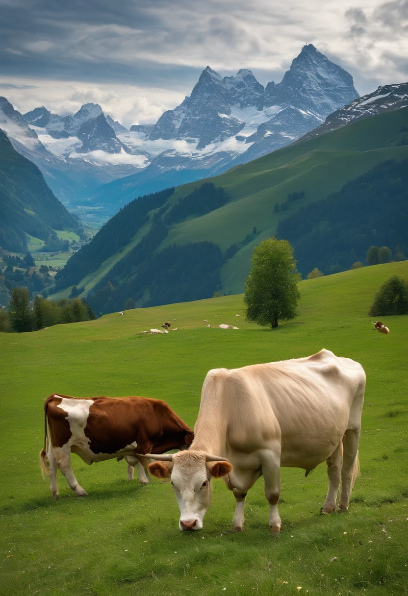 There are many cows grazing in fields with mountains as a backdrop, author:Carl Gerstner, in a valley, author:Rainer Horsch, in the swiss alps, author:Franz Hergi, Alpine scenery, Cows, author:Werner Undermatt, alps, author:Armin Baumgarten, Valle encantador, author:Carl Hofer, lindo cenario, alps,heal,Wallpapers,blue-sky,shining brightly
