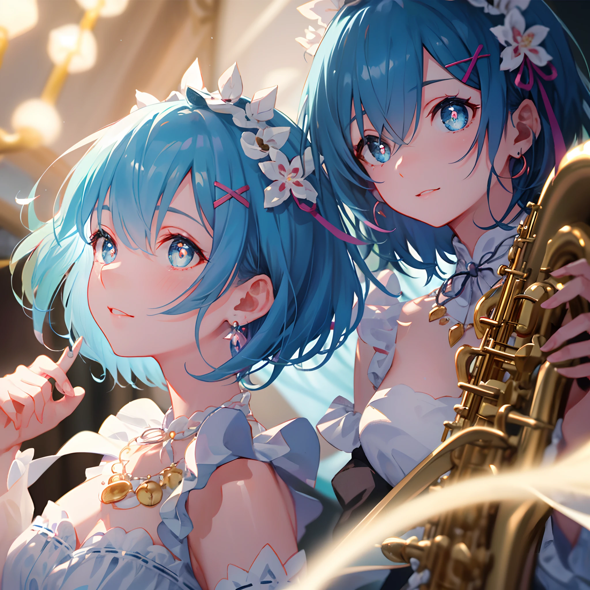 ​masterpiece, top-quality, illustratio, Saxophone Blue, Platinum Earrings, Platinum Necklace, Short hair, Maid headdress, X Hair Ornament, Hair Ribbon, Large breasts, frilld, Neck ribbon, cleavage, Dress, 1girl in, cute little, (Dynamic lighting:1.5), lighting like a movie, delicated facial features, A detailed eye, Sharp pupils, Realistic pupils, depth of fields, bokeh dof, foco nítido, (ultra-detailliert, bloom, Glow:1.4), Many Small Gems