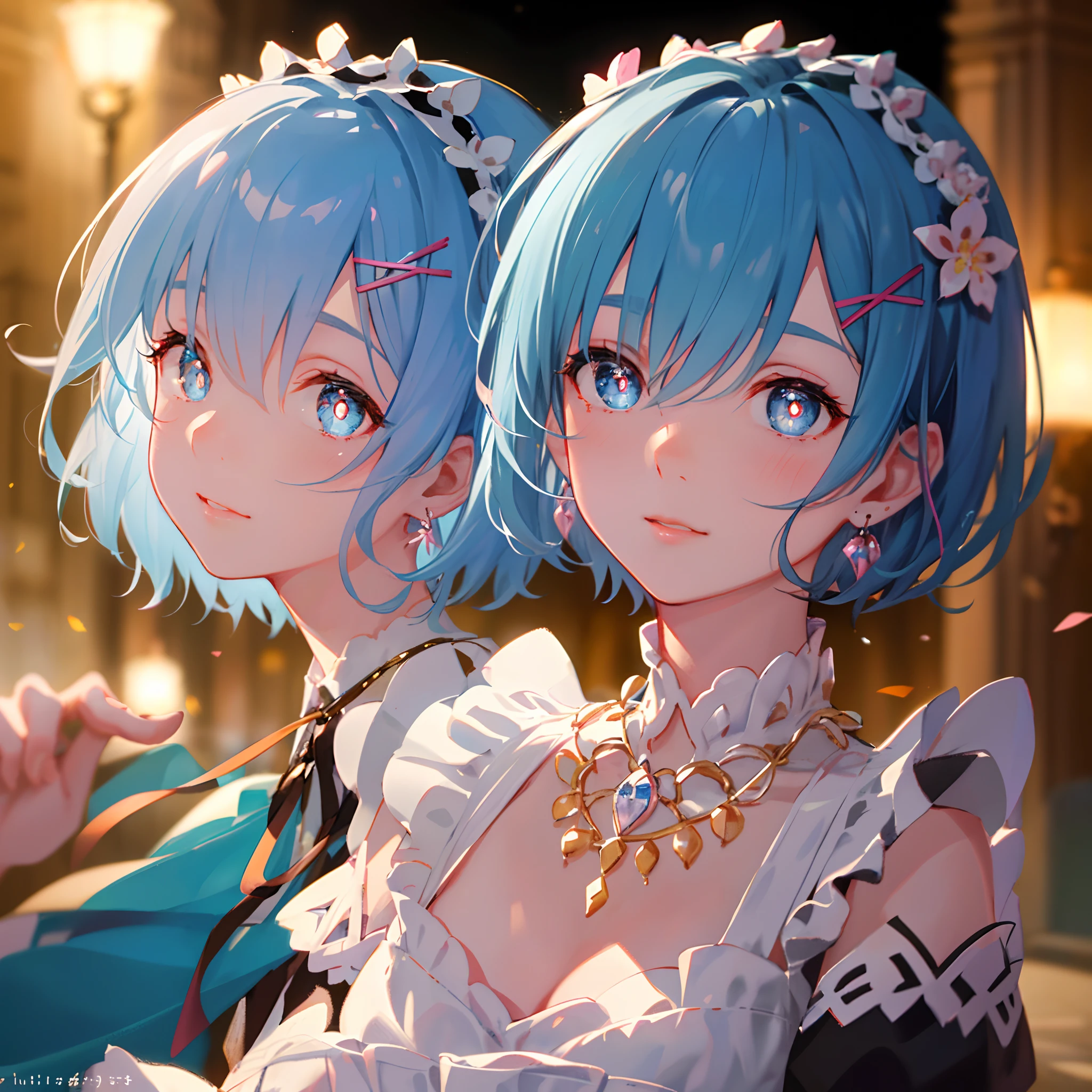 ​masterpiece, top-quality, illustratio, Saxophone Blue, Platinum Earrings, Platinum Necklace, Short hair, Maid headdress, X Hair Ornament, Hair Ribbon, Large breasts, frilld, Neck ribbon, cleavage, Dress, 1girl in, cute little, (Dynamic lighting:1.5), lighting like a movie, delicated facial features, A detailed eye, Sharp pupils, Realistic pupils, depth of fields, bokeh dof, foco nítido, (ultra-detailliert, bloom, Glow:1.4), Many Small Gems