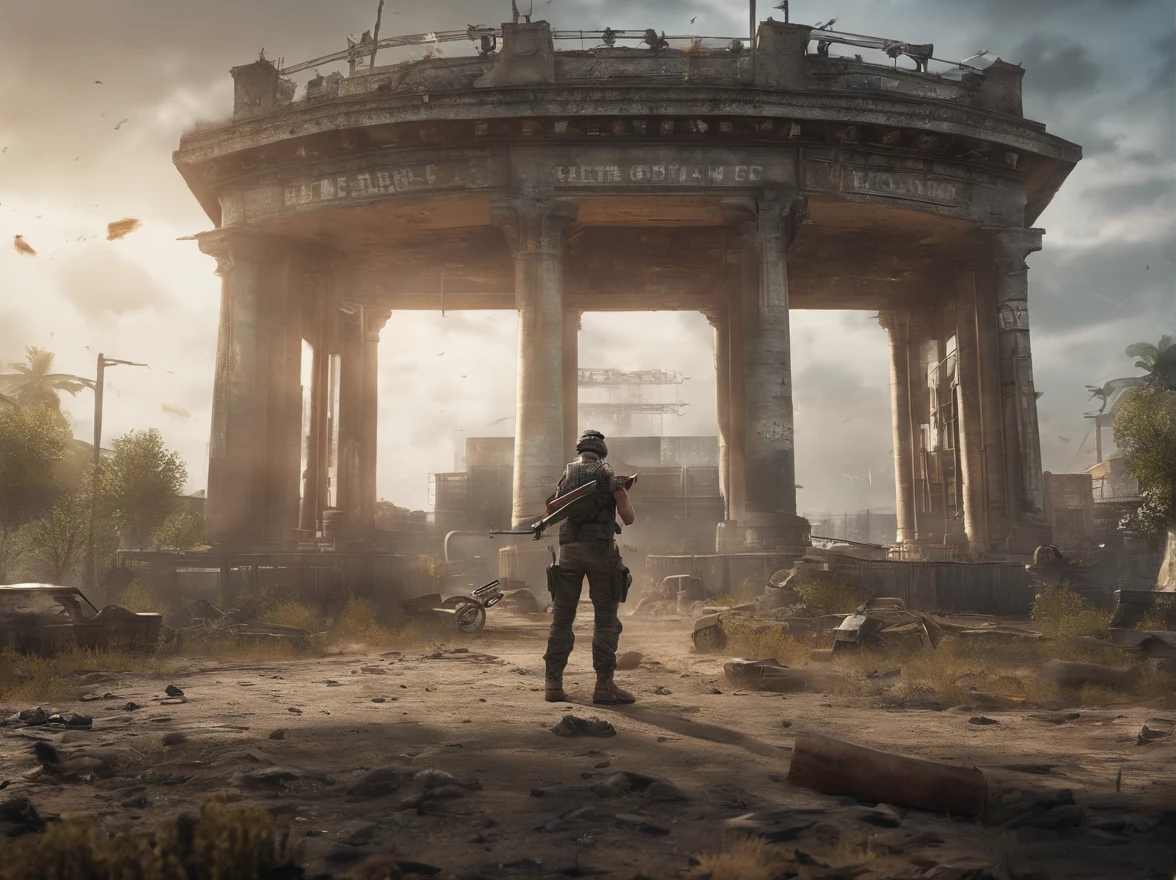 (Best quality, 8k, Masterpiece :1.2), battleground background, in pubg, game key art, game cover, official splash art, battlefield background, game promotional poster, fantasy battleground