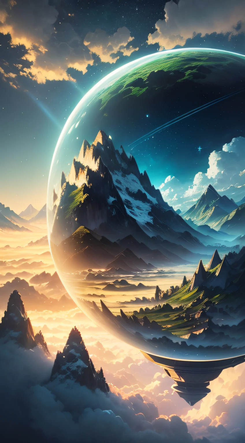 A giant mirror sphere floating in space, flickering lights, sad hamster lost (heaven like green fields surrounded by high mountains and clouds:1.3), particles in the air, god rays, stars in the background, intricate fractals, detailed, (illustration), masterpiece, high resolution, best quality.