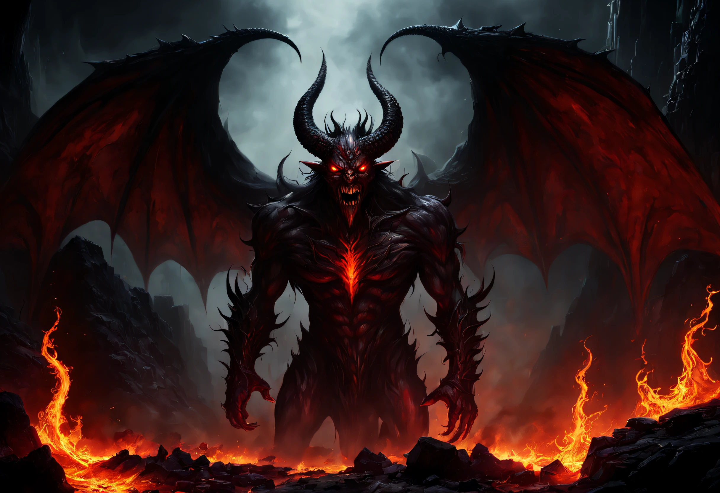 (a demon in the underworld),dark,ominous,demonic figure,fiery red eyes,sharp horns,menacing smirk,intimidating presence,blackened wings,smoke and flames,fear-inducing,evil aura,sinister silhouette,gloomy atmosphere,misty caverns,dripping stalactites,lava rivers,giant chains,crumbling ruins,ancient symbols,teeth bared,fierce battle scars,devilish power,boundary between worlds,eternal darkness,malevolent energy,ominous whispers,tortured souls,echoing screams,infernal realm,suffocating heat,shadowy depths,otherworldly creatures,nightmarish landscape,unholy power,fiery inferno,sinister devotion,unleashing chaos,everlasting torment,untamed rage,destroyed souls,vortex of souls+(best quality,4k,8k,highres,masterpiece:1.2),ultra-detailed,(realistic,photorealistic,photo-realistic:1.37),hellish lighting,vivid colors